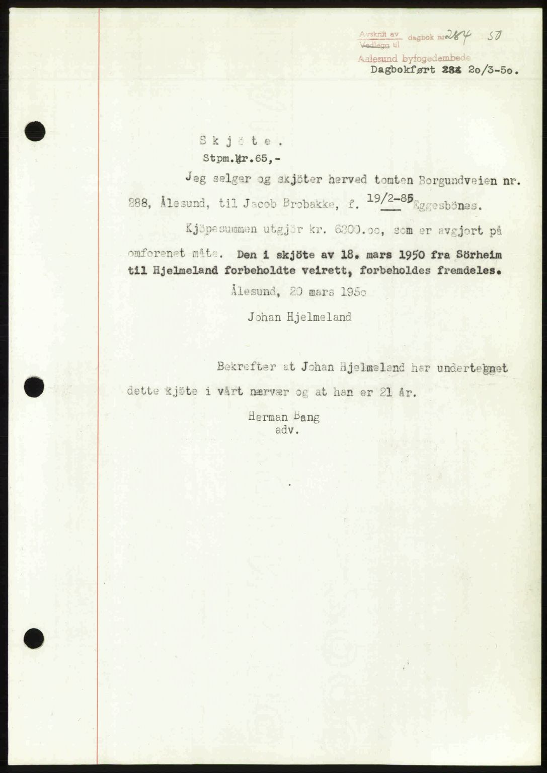 Ålesund byfogd, AV/SAT-A-4384: Pantebok nr. 37A (2), 1949-1950, Dagboknr: 284/1950