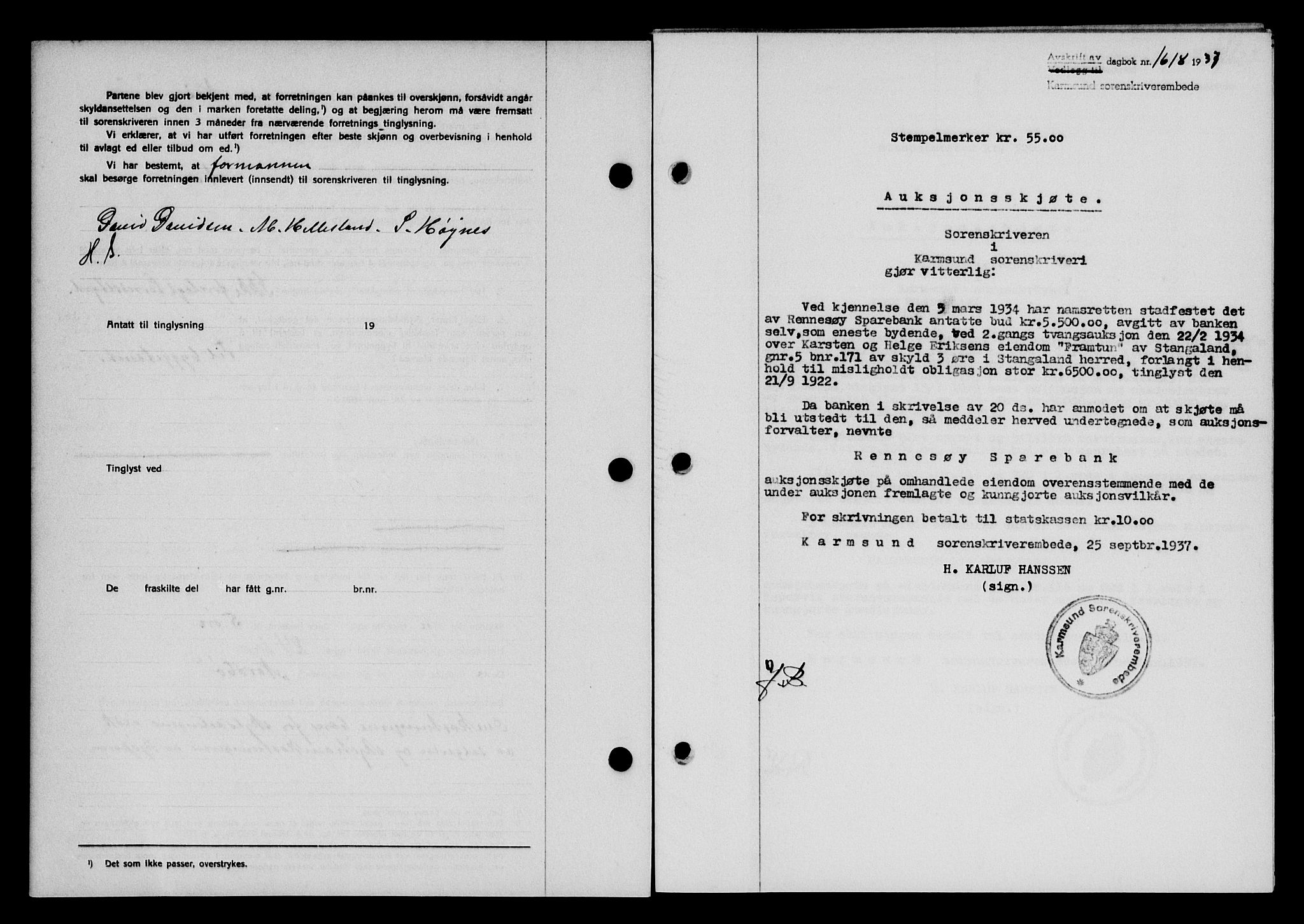 Karmsund sorenskriveri, SAST/A-100311/01/II/IIB/L0068: Pantebok nr. 49A, 1937-1937, Dagboknr: 1618/1937