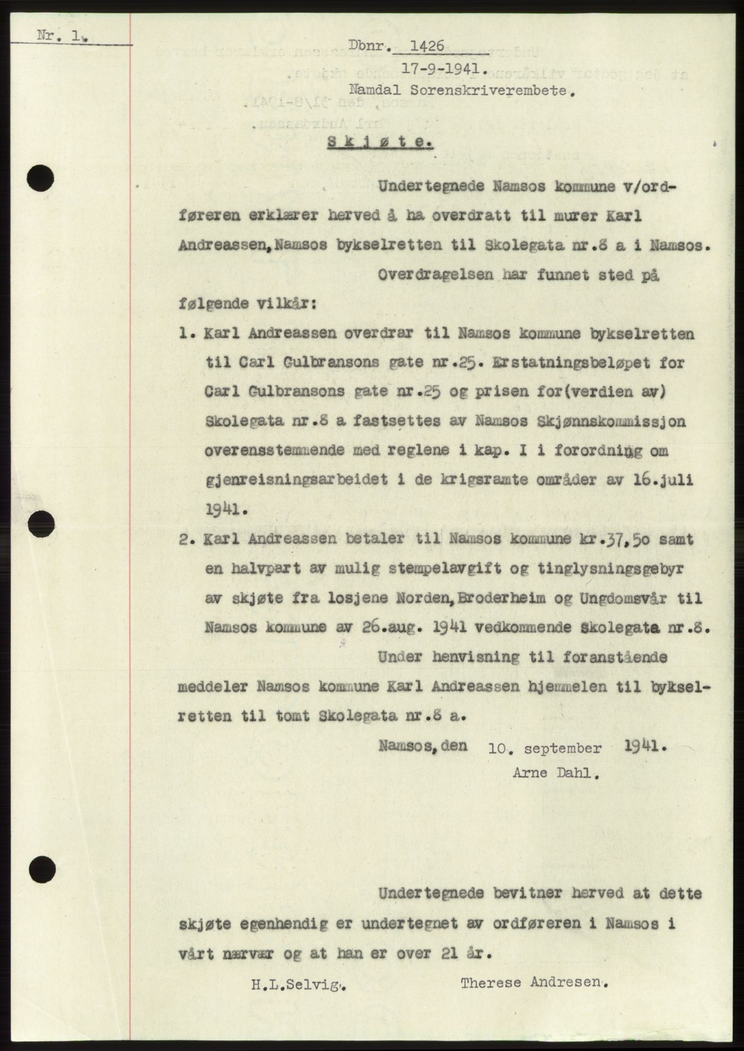 Namdal sorenskriveri, SAT/A-4133/1/2/2C: Pantebok nr. -, 1941-1942, Dagboknr: 1426/1941