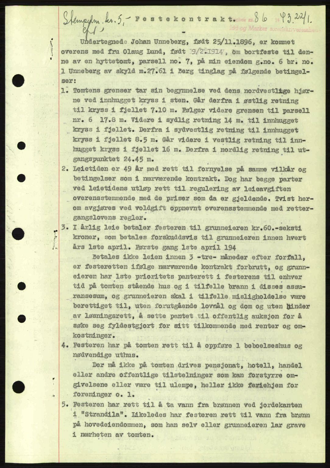 Idd og Marker sorenskriveri, AV/SAO-A-10283/G/Gb/Gbb/L0005: Pantebok nr. A5, 1941-1943, Dagboknr: 86/1943