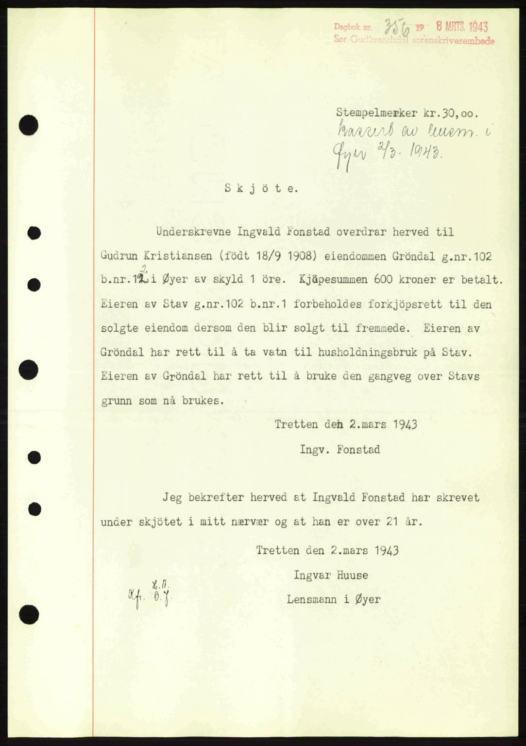 Sør-Gudbrandsdal tingrett, SAH/TING-004/H/Hb/Hbd/L0011: Pantebok nr. A11, 1942-1943, Dagboknr: 356/1943
