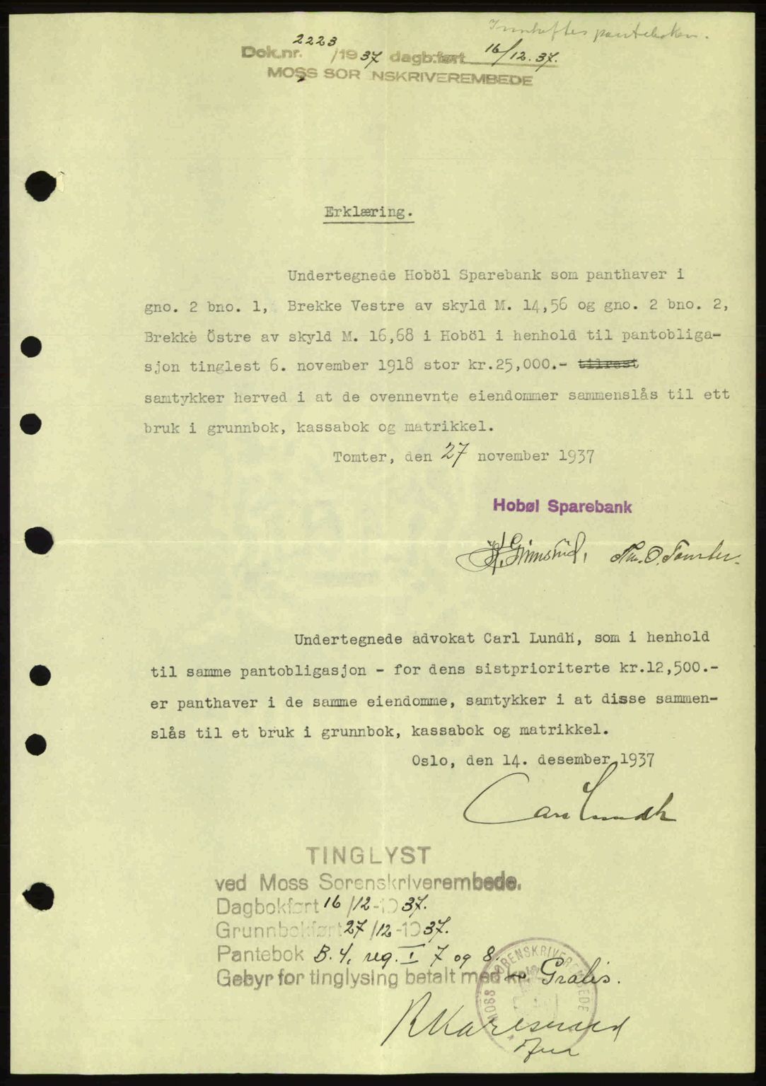 Moss sorenskriveri, SAO/A-10168: Pantebok nr. A3, 1937-1938, Dagboknr: 2223/1937