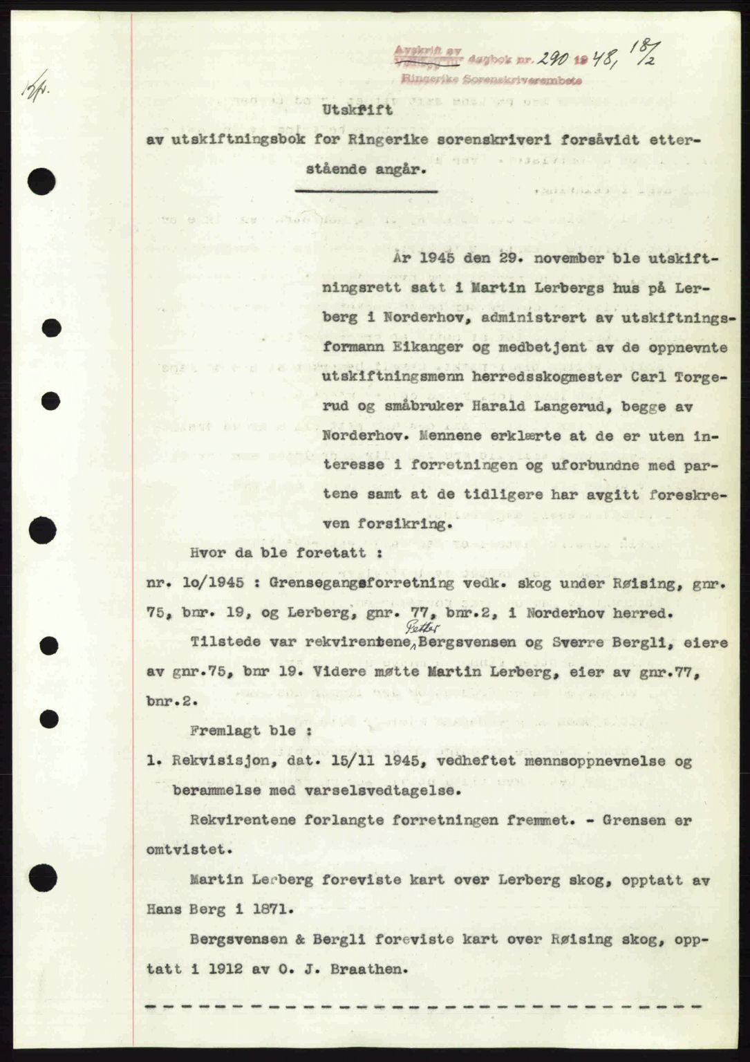 Ringerike sorenskriveri, SAKO/A-105/G/Ga/Gab/L0088: Pantebok nr. A-19, 1948-1948, Dagboknr: 290/1948