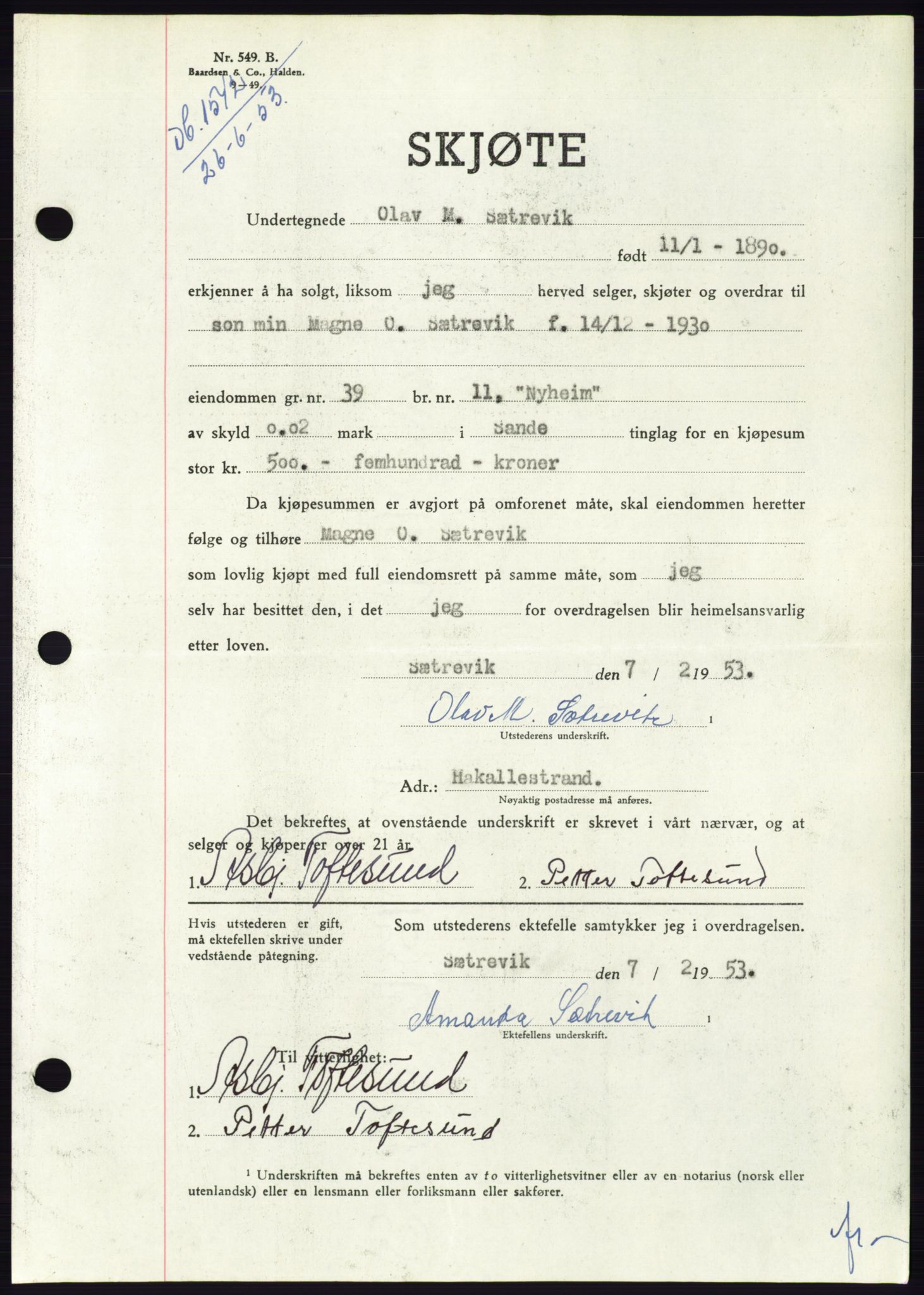 Søre Sunnmøre sorenskriveri, AV/SAT-A-4122/1/2/2C/L0095: Pantebok nr. 21A, 1953-1953, Dagboknr: 1542/1953