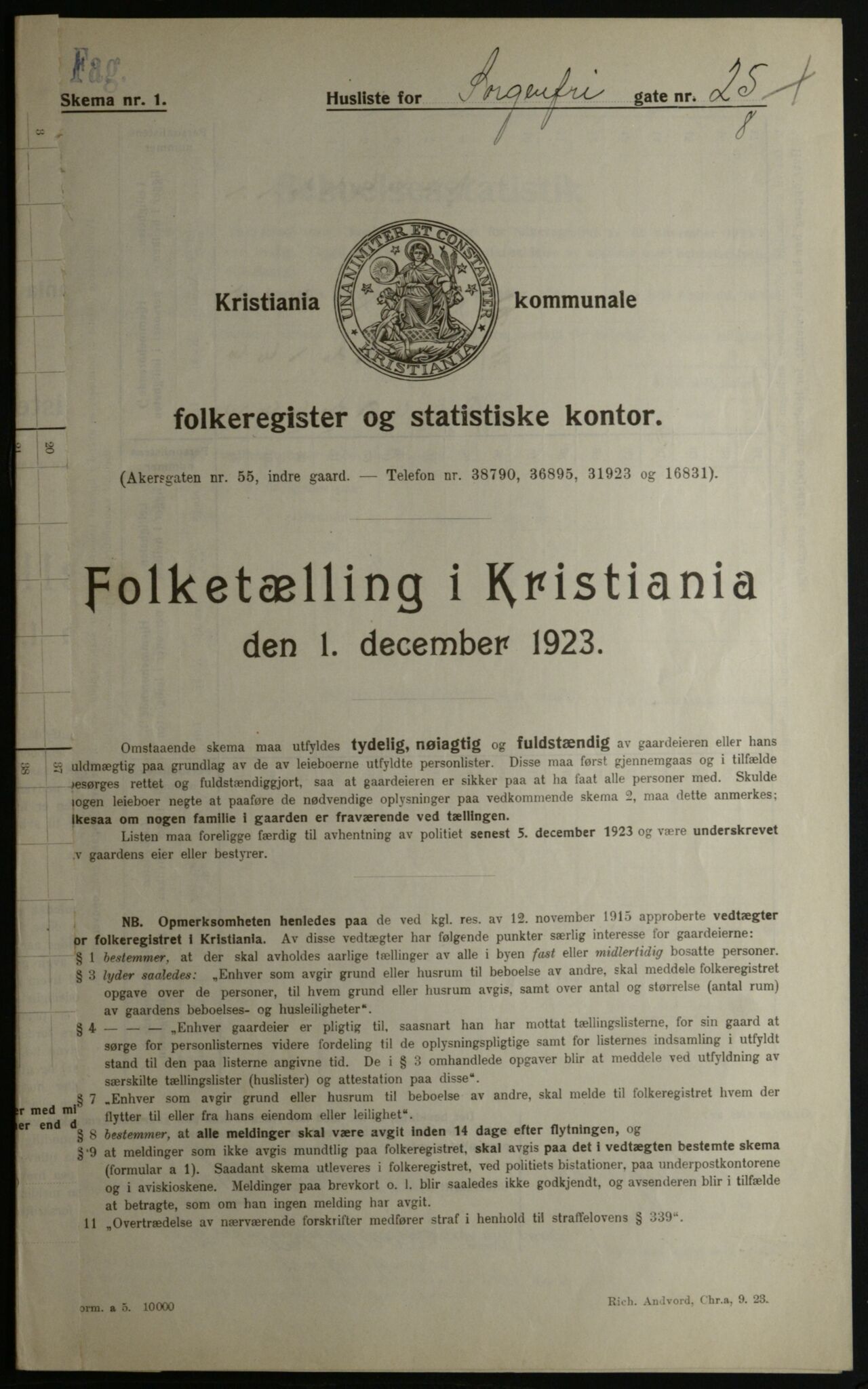 OBA, Kommunal folketelling 1.12.1923 for Kristiania, 1923, s. 110501