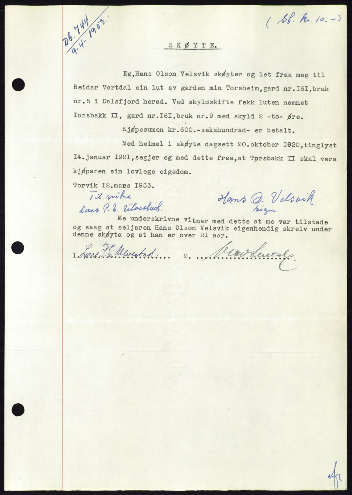Søre Sunnmøre sorenskriveri, AV/SAT-A-4122/1/2/2C/L0094: Pantebok nr. 20A, 1953-1953, Dagboknr: 744/1953