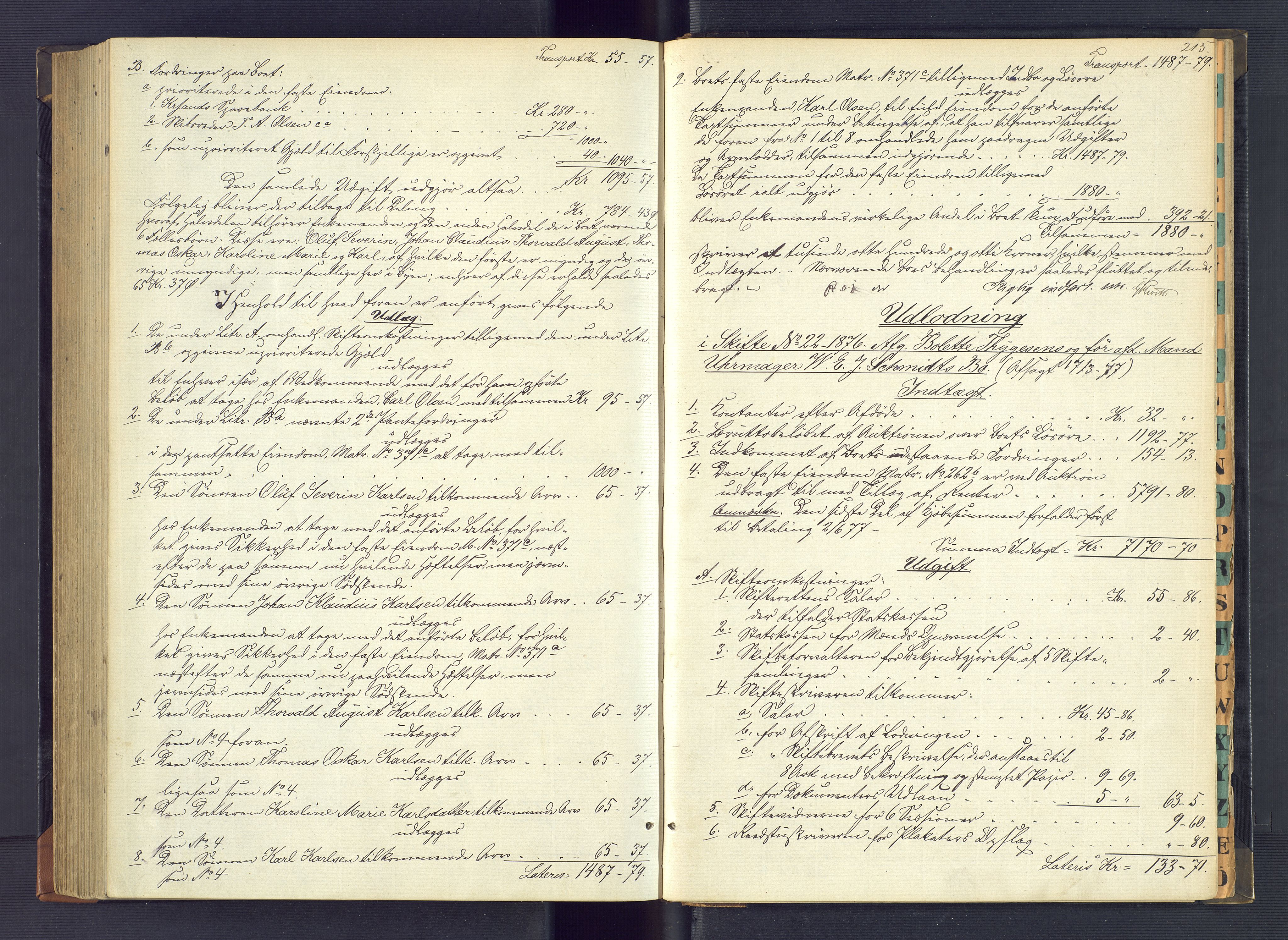 Kristiansand byrett, AV/SAK-1223-0001/H/Hc/L0055: Skifteutlodningsprotokoll nr. 1, med register, 1867-1877, s. 215