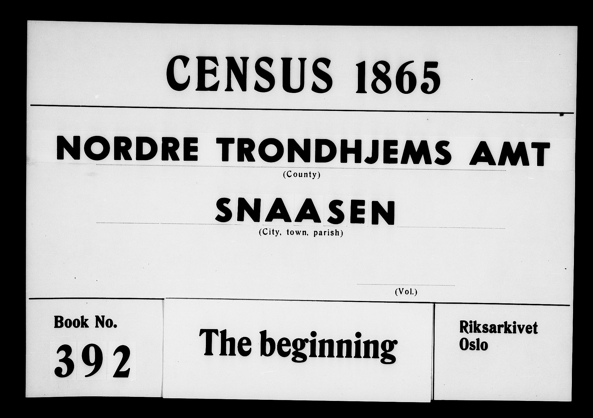 RA, Folketelling 1865 for 1736P Snåsa prestegjeld, 1865, s. 1