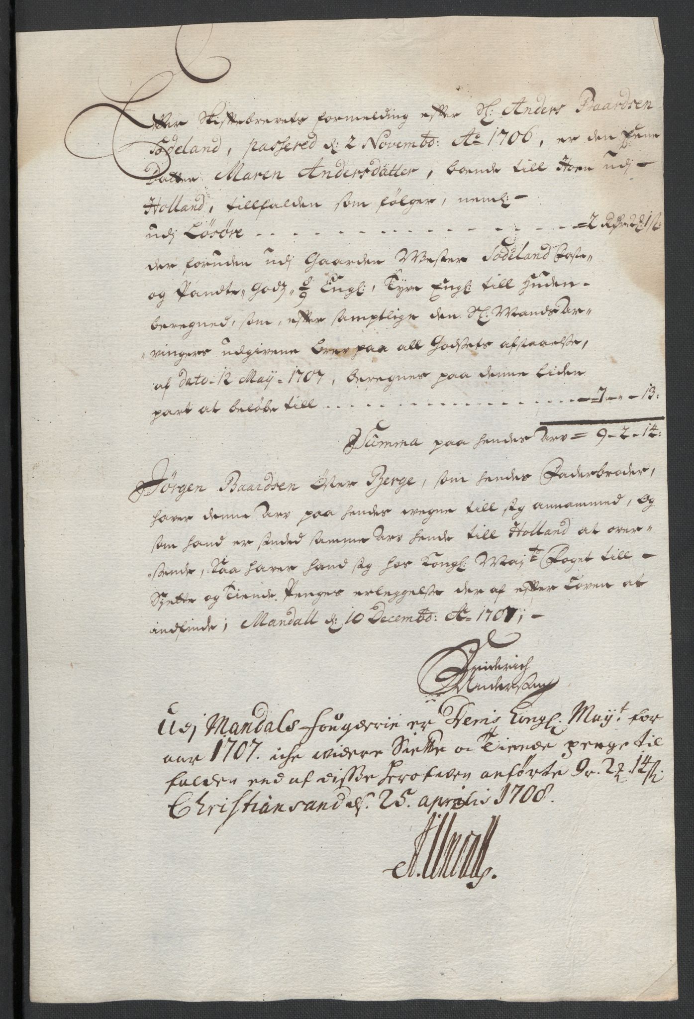 Rentekammeret inntil 1814, Reviderte regnskaper, Fogderegnskap, RA/EA-4092/R43/L2551: Fogderegnskap Lista og Mandal, 1705-1709, s. 460