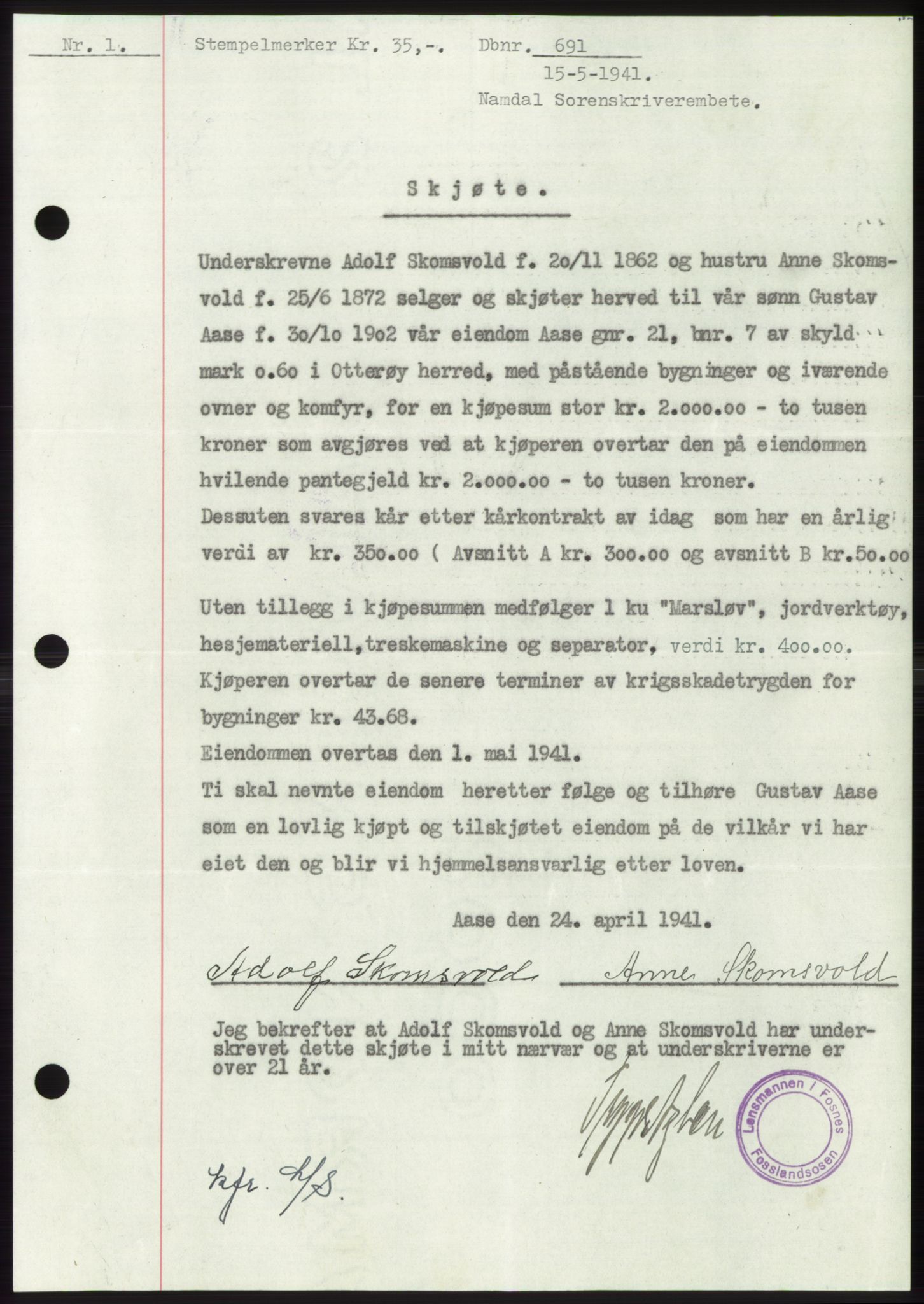 Namdal sorenskriveri, SAT/A-4133/1/2/2C: Pantebok nr. -, 1940-1941, Tingl.dato: 15.05.1941