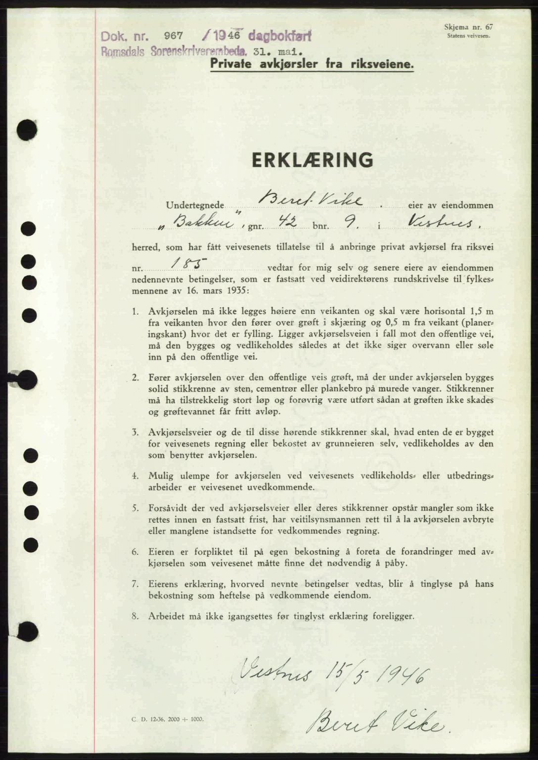 Romsdal sorenskriveri, SAT/A-4149/1/2/2C: Pantebok nr. A19, 1946-1946, Dagboknr: 967/1946
