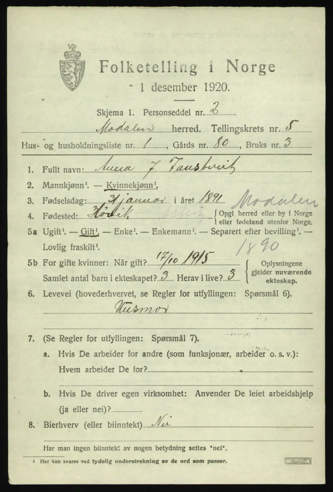 SAB, Folketelling 1920 for 1252 Modalen herred, 1920, s. 956