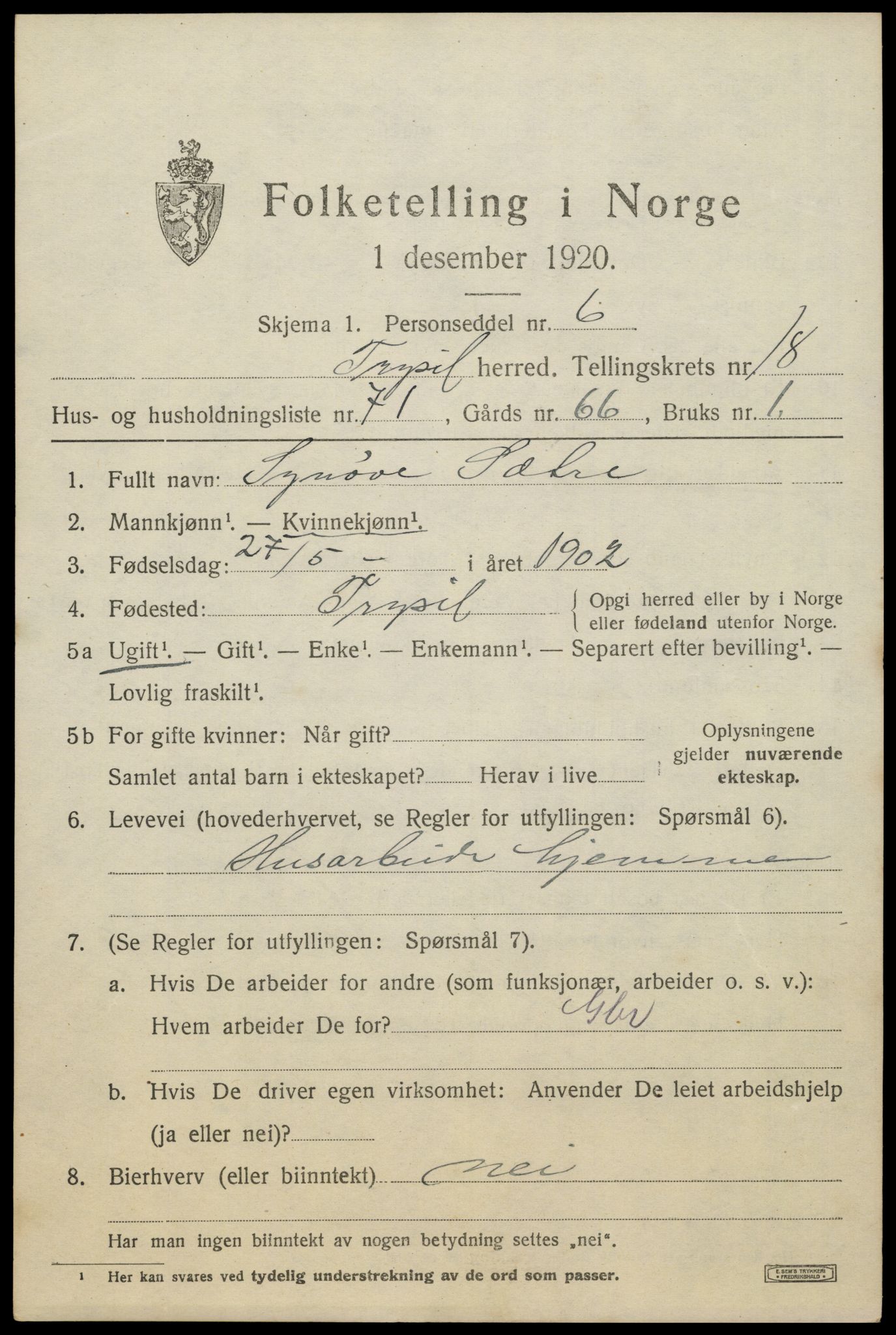 SAH, Folketelling 1920 for 0428 Trysil herred, 1920, s. 12627