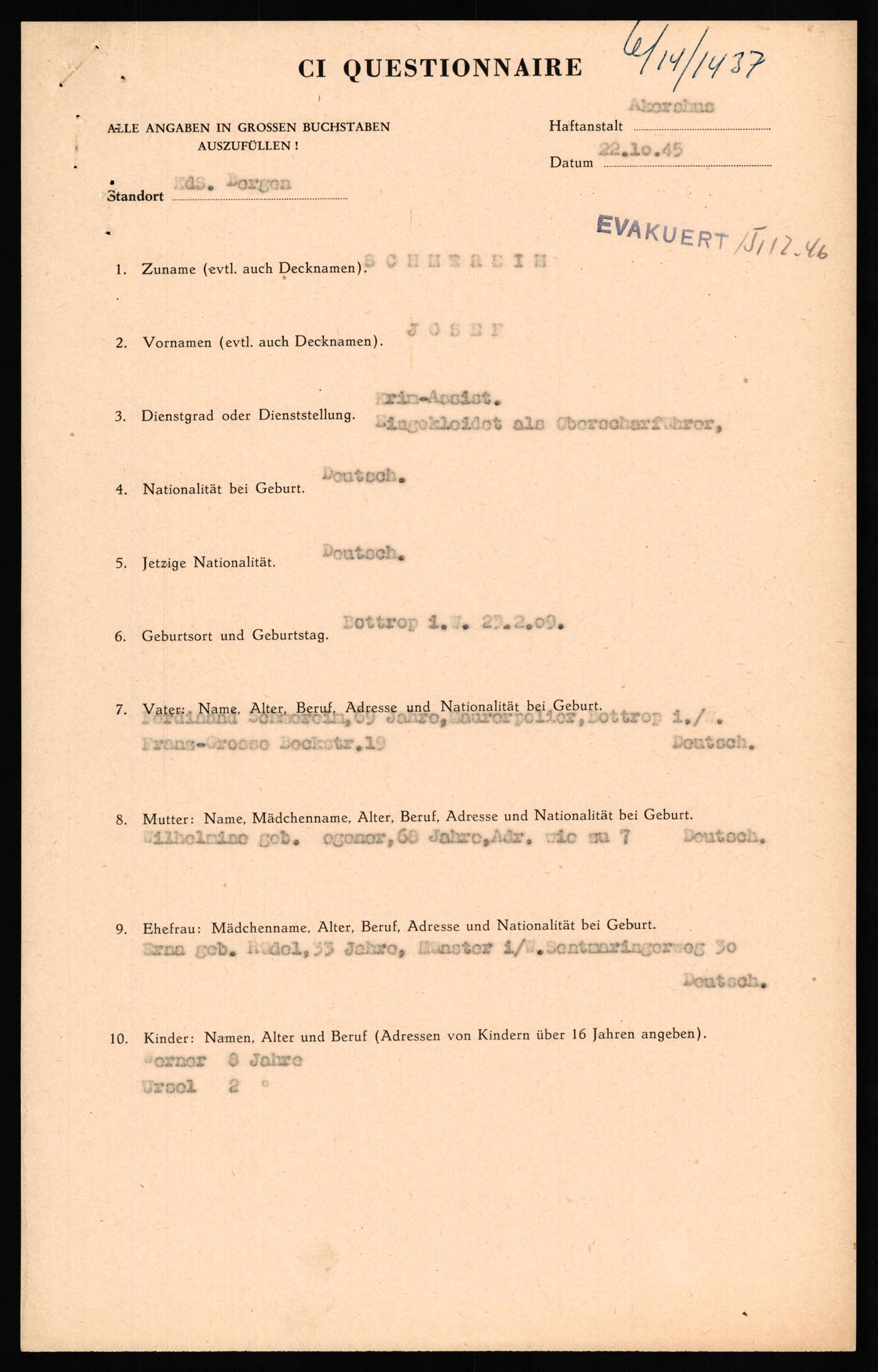 Forsvaret, Forsvarets overkommando II, RA/RAFA-3915/D/Db/L0029: CI Questionaires. Tyske okkupasjonsstyrker i Norge. Tyskere., 1945-1946, s. 314