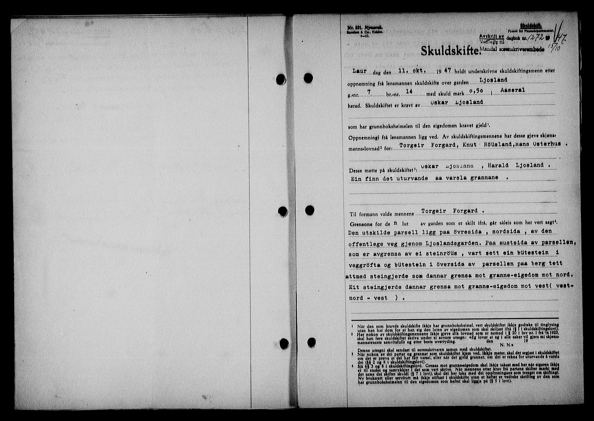 Mandal sorenskriveri, SAK/1221-0005/001/G/Gb/Gba/L0079: Pantebok nr. A-16, 1947-1948, Dagboknr: 1272/1947