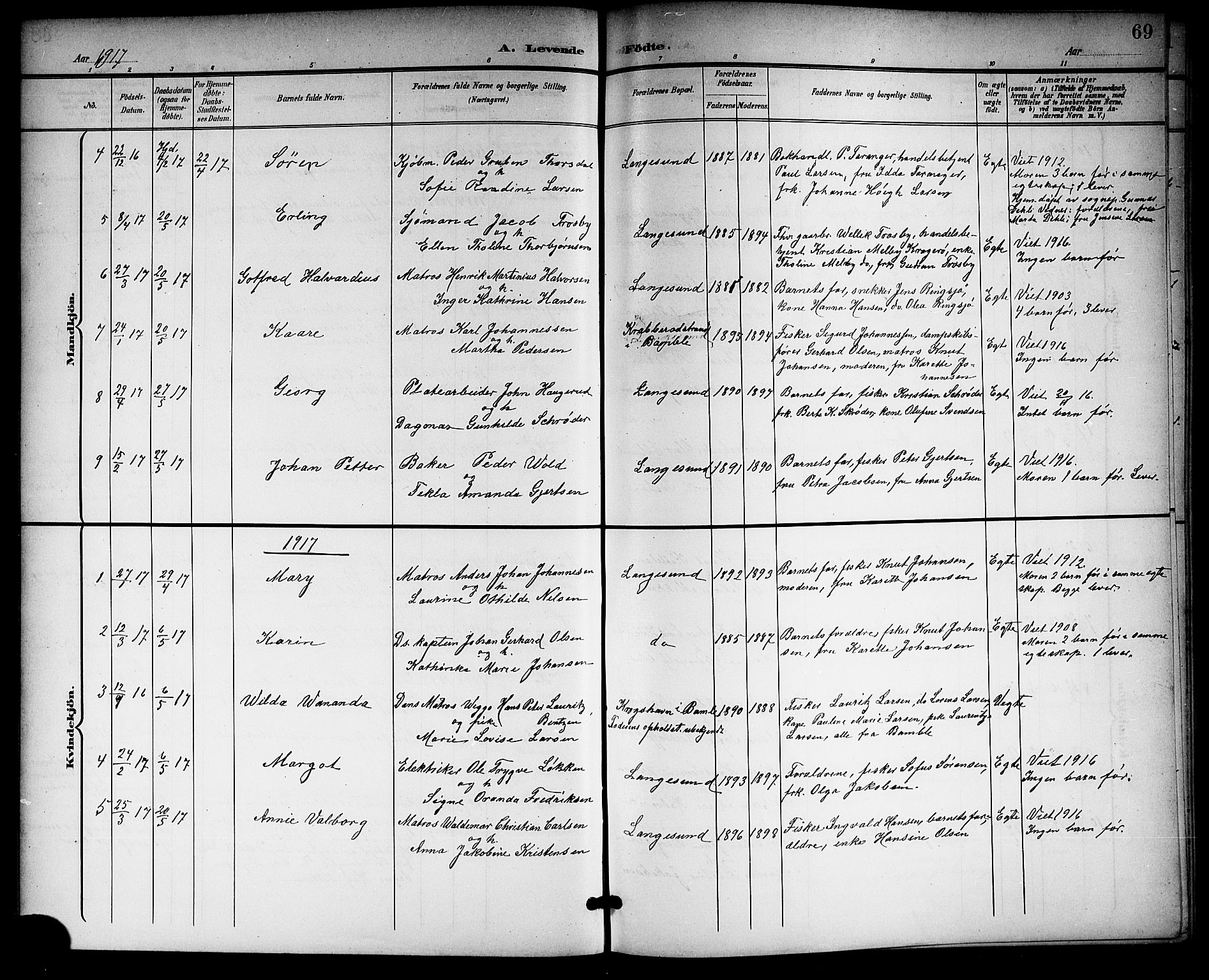 Langesund kirkebøker, AV/SAKO-A-280/G/Ga/L0006: Klokkerbok nr. 6, 1899-1918, s. 69