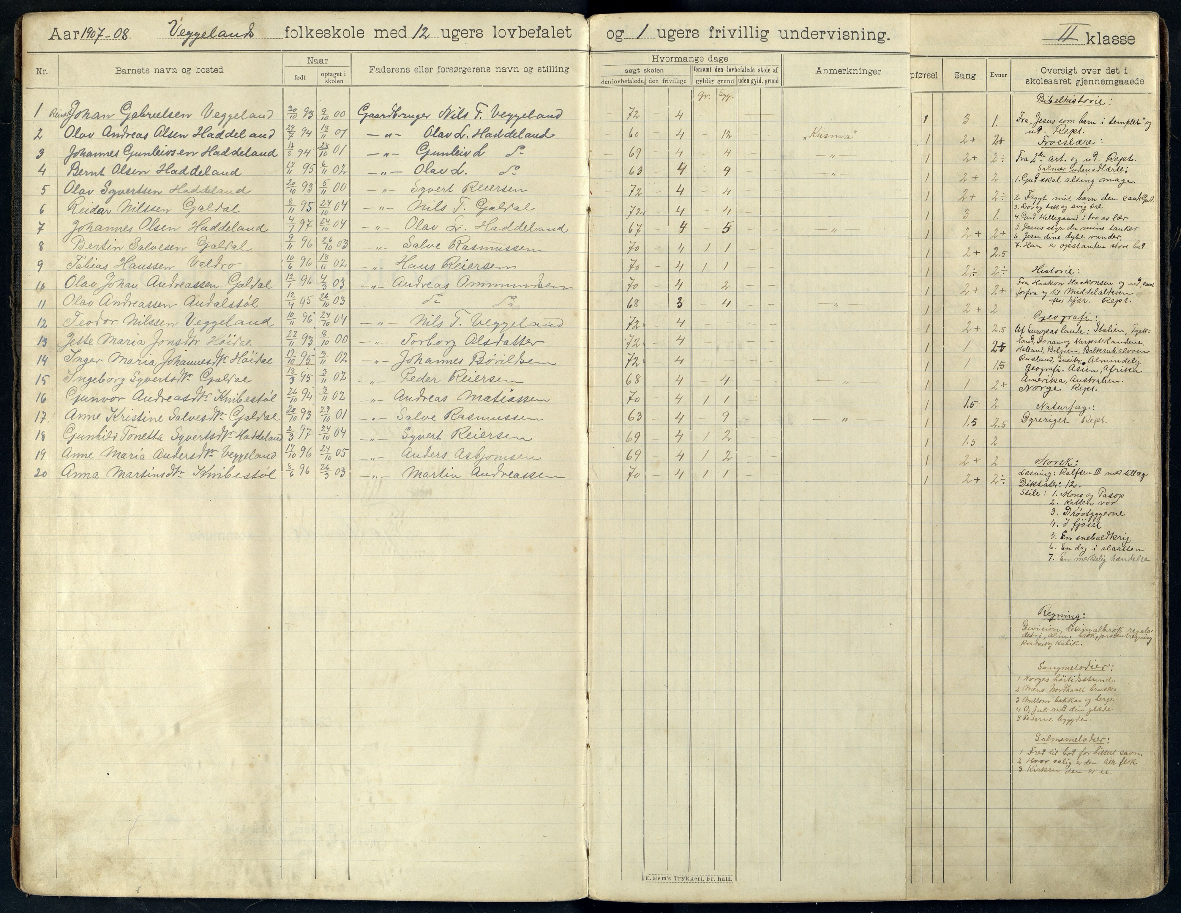 Fjotland kommune - Veggeland Skole, ARKSOR/1037FJ558/H/L0001: Skoleprotokoll, 1907-1919