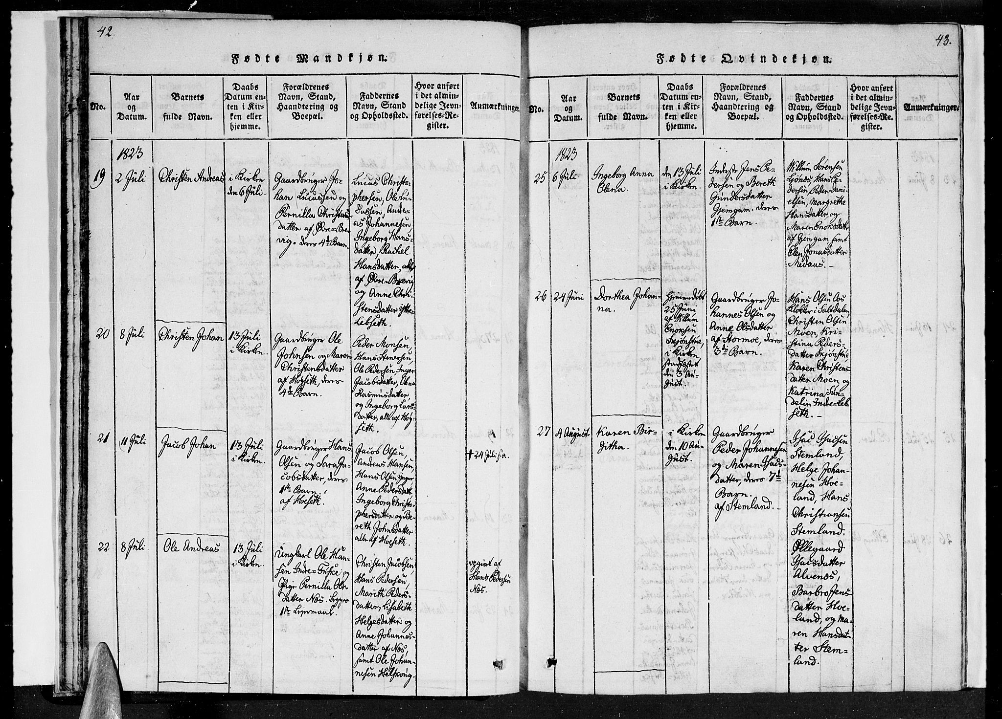 Ministerialprotokoller, klokkerbøker og fødselsregistre - Nordland, SAT/A-1459/852/L0736: Ministerialbok nr. 852A06, 1820-1833, s. 42-43