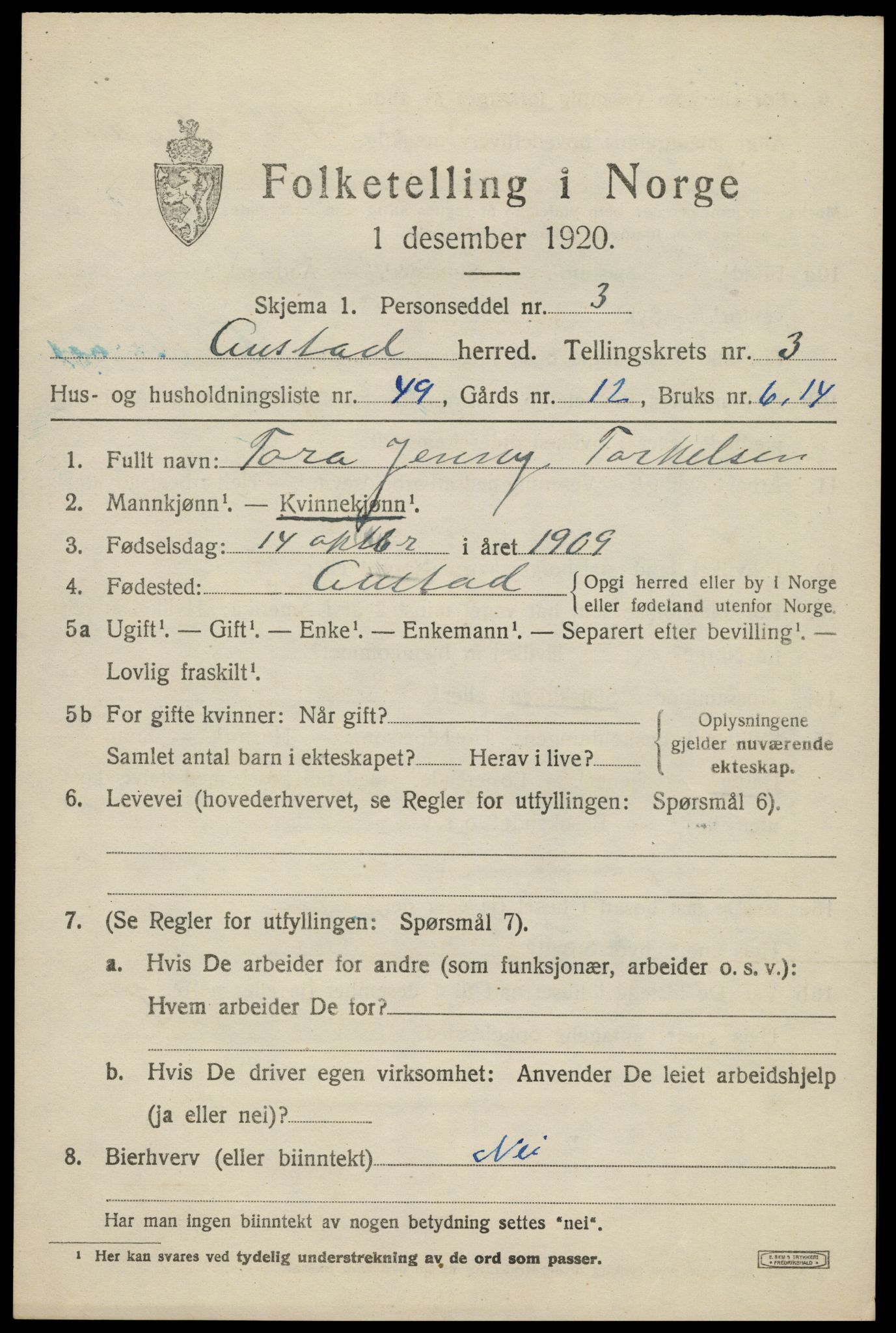 SAK, Folketelling 1920 for 1031 Austad herred, 1920, s. 1385