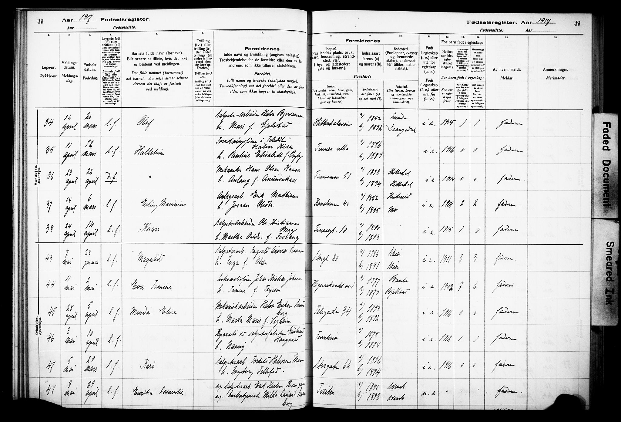 Notodden kirkebøker, AV/SAKO-A-290/J/Ja/L0001: Fødselsregister nr. 1, 1916-1924, s. 39