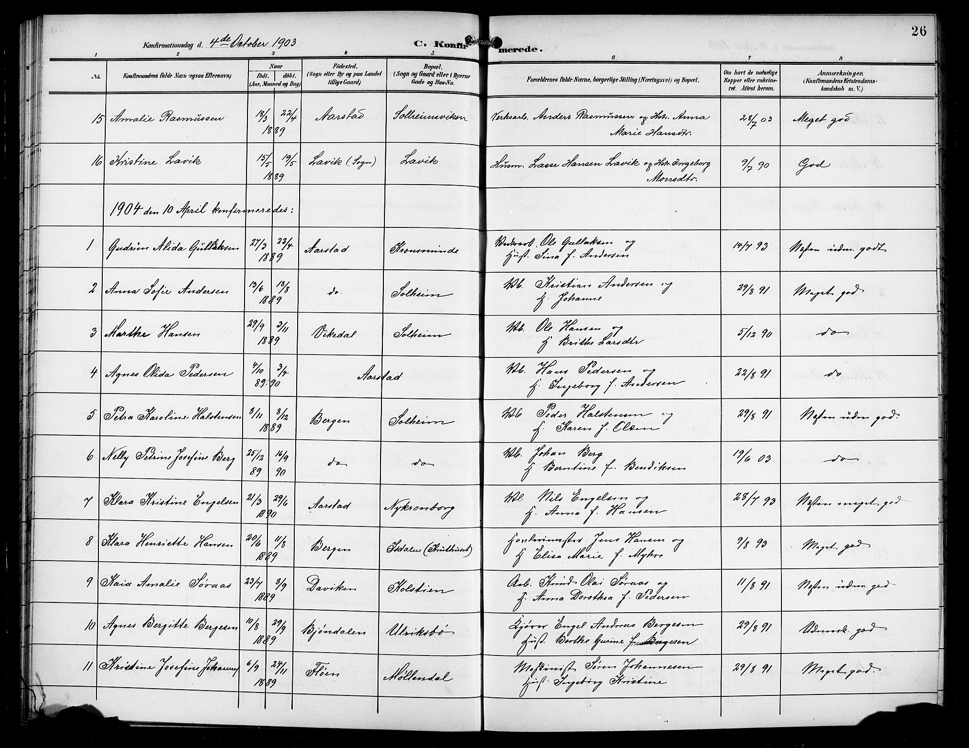 Årstad Sokneprestembete, AV/SAB-A-79301/H/Hab/L0012: Klokkerbok nr. B 2, 1901-1914, s. 26