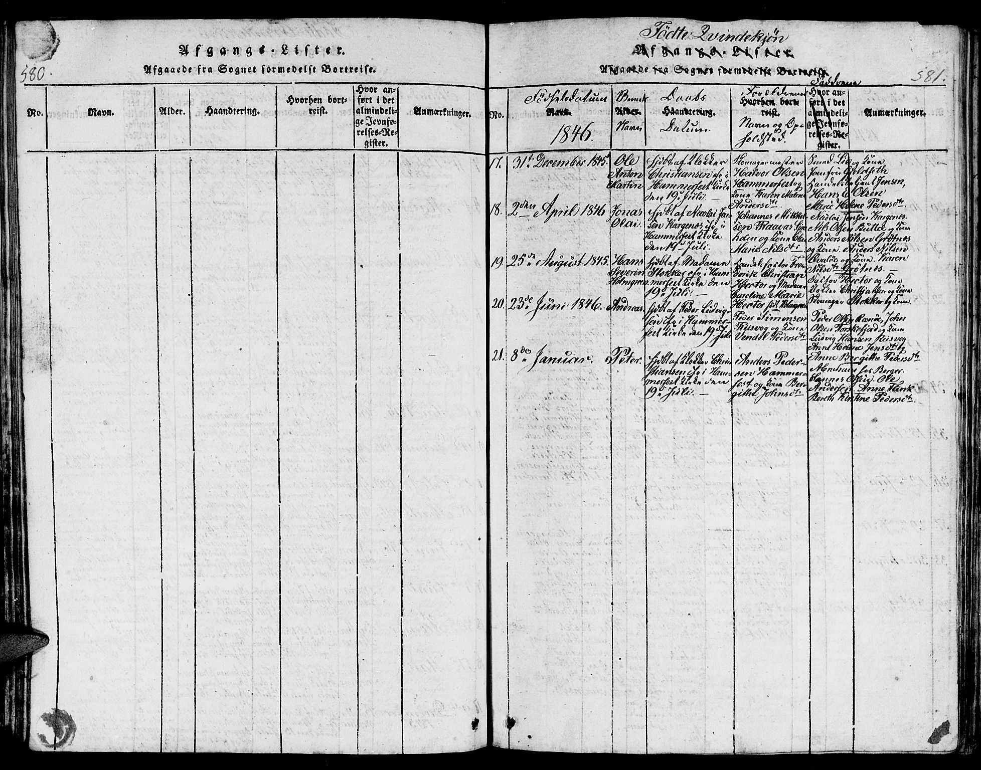 Hammerfest sokneprestkontor, AV/SATØ-S-1347/H/Hb/L0001.klokk: Klokkerbok nr. 1, 1822-1850, s. 580-581