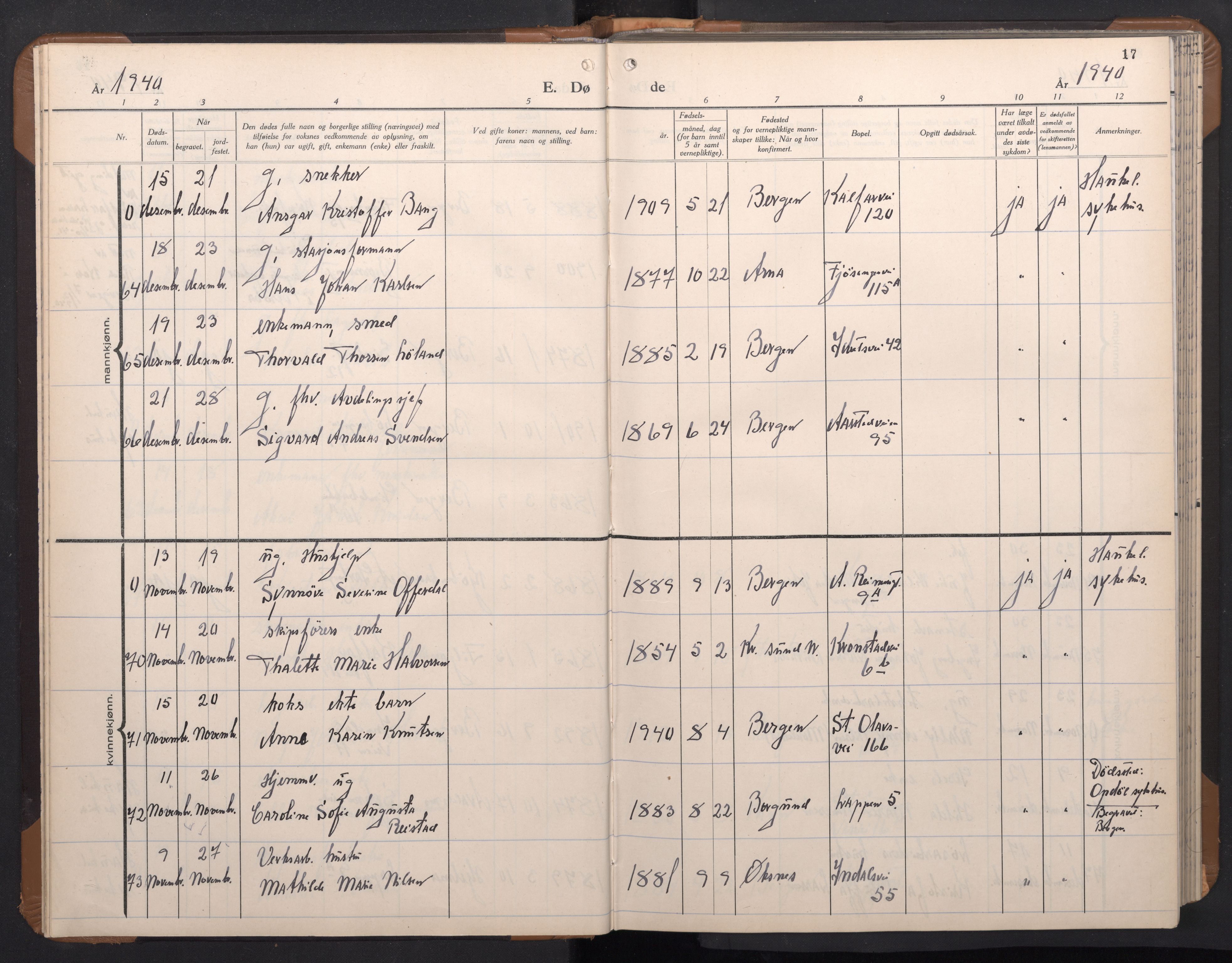 Årstad Sokneprestembete, AV/SAB-A-79301/H/Hab/L0026: Klokkerbok nr. D 3, 1940-1950, s. 16b-17a