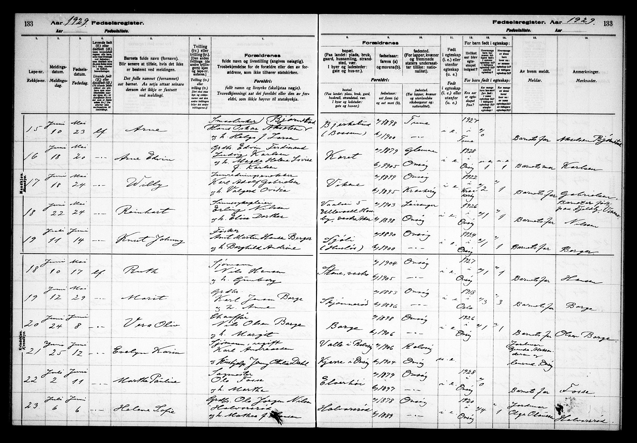 Onsøy prestekontor Kirkebøker, AV/SAO-A-10914/J/Ja/L0001: Fødselsregister nr. I 1, 1916-1937, s. 133