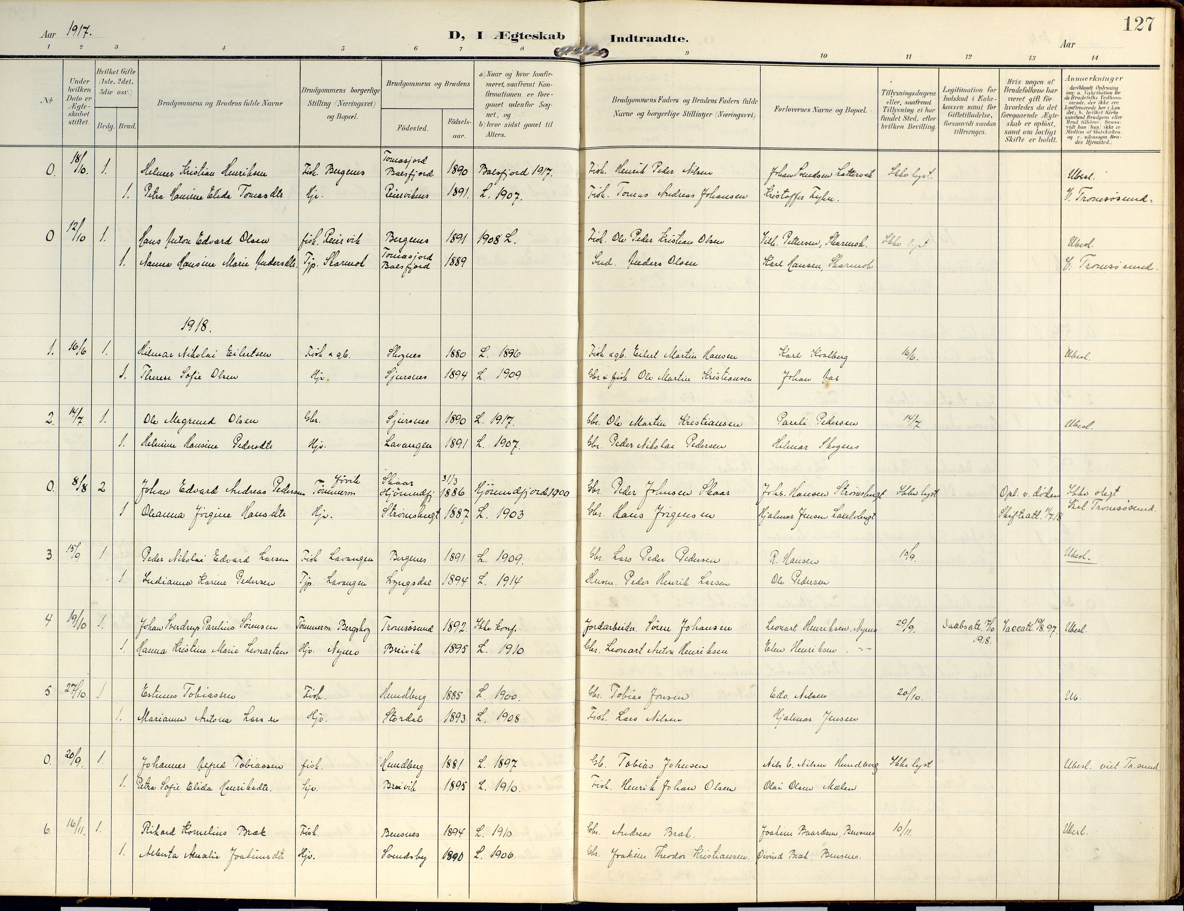 Lyngen sokneprestembete, AV/SATØ-S-1289/H/He/Hea/L0014kirke: Ministerialbok nr. 14, 1905-1920, s. 127