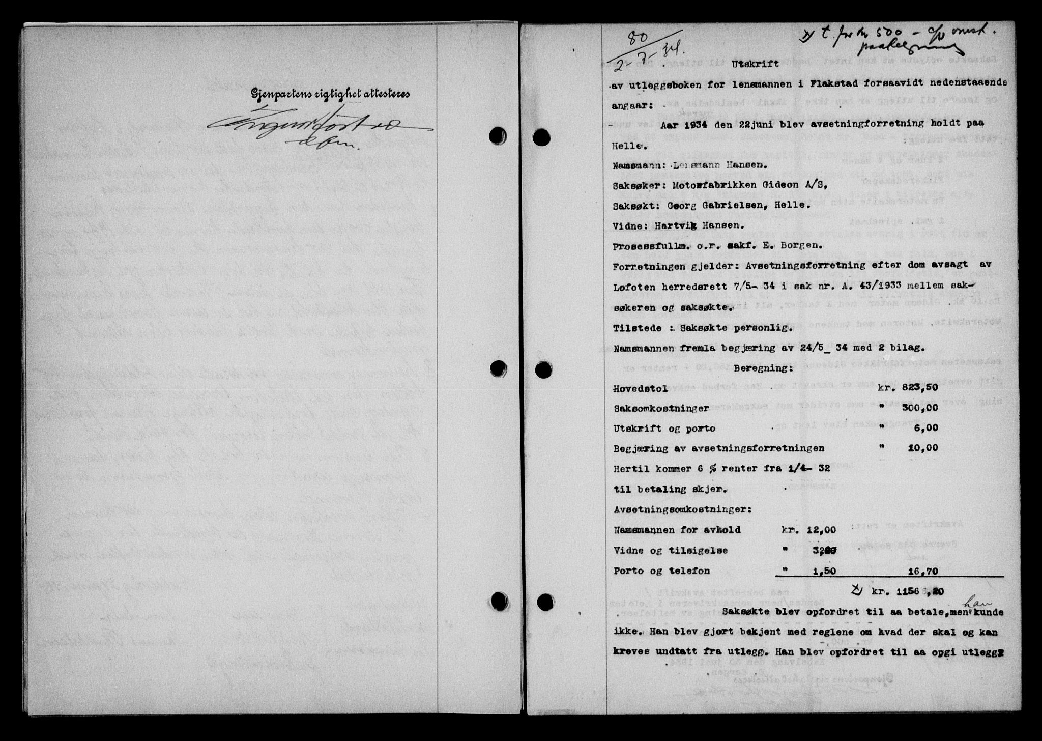 Lofoten sorenskriveri, SAT/A-0017/1/2/2C/L0030b: Pantebok nr. 30b, 1934-1934, Tingl.dato: 02.07.1934