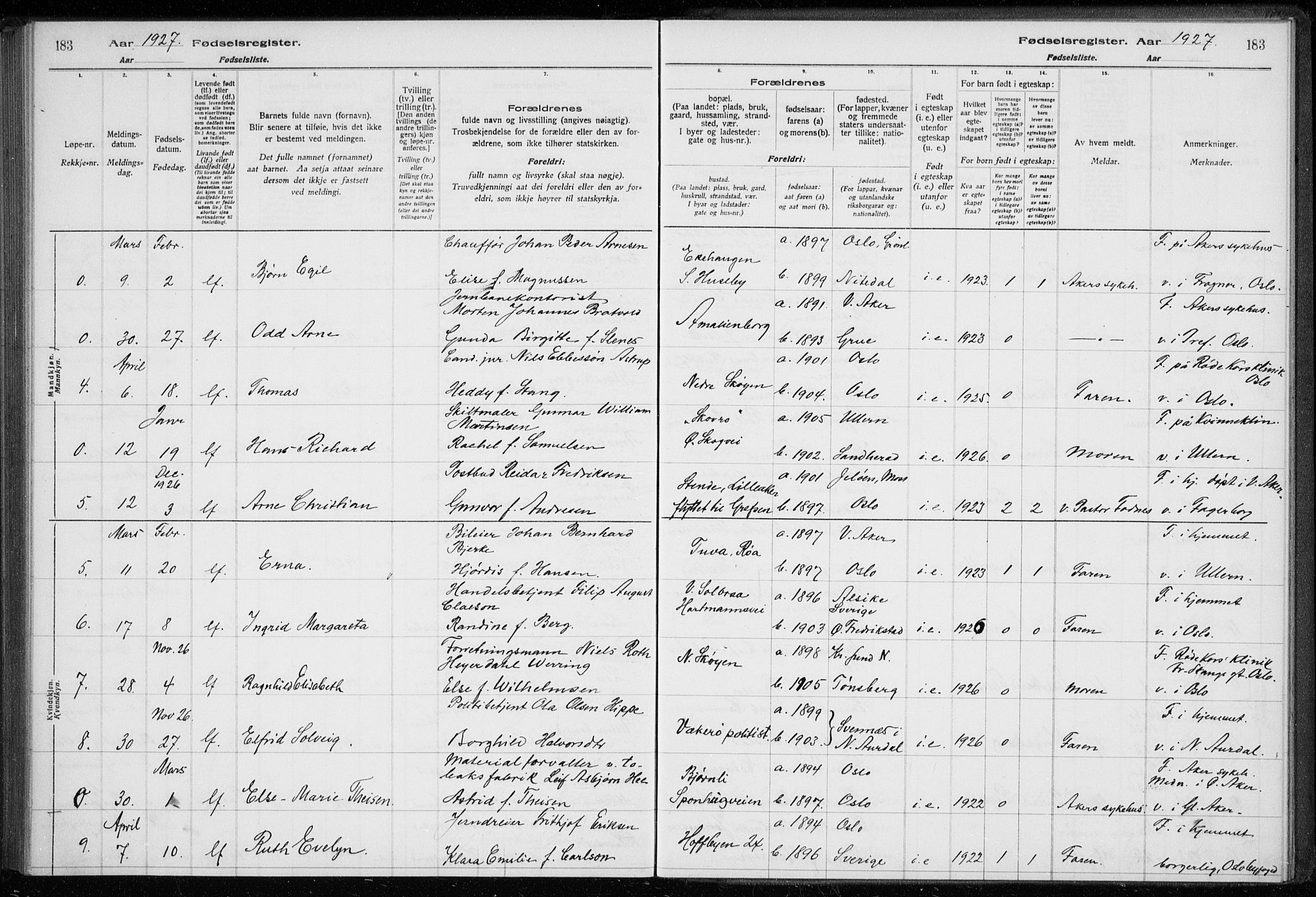 Ullern prestekontor Kirkebøker, AV/SAO-A-10740/J/L0001: Fødselsregister nr. 1, 1916-1928, s. 183