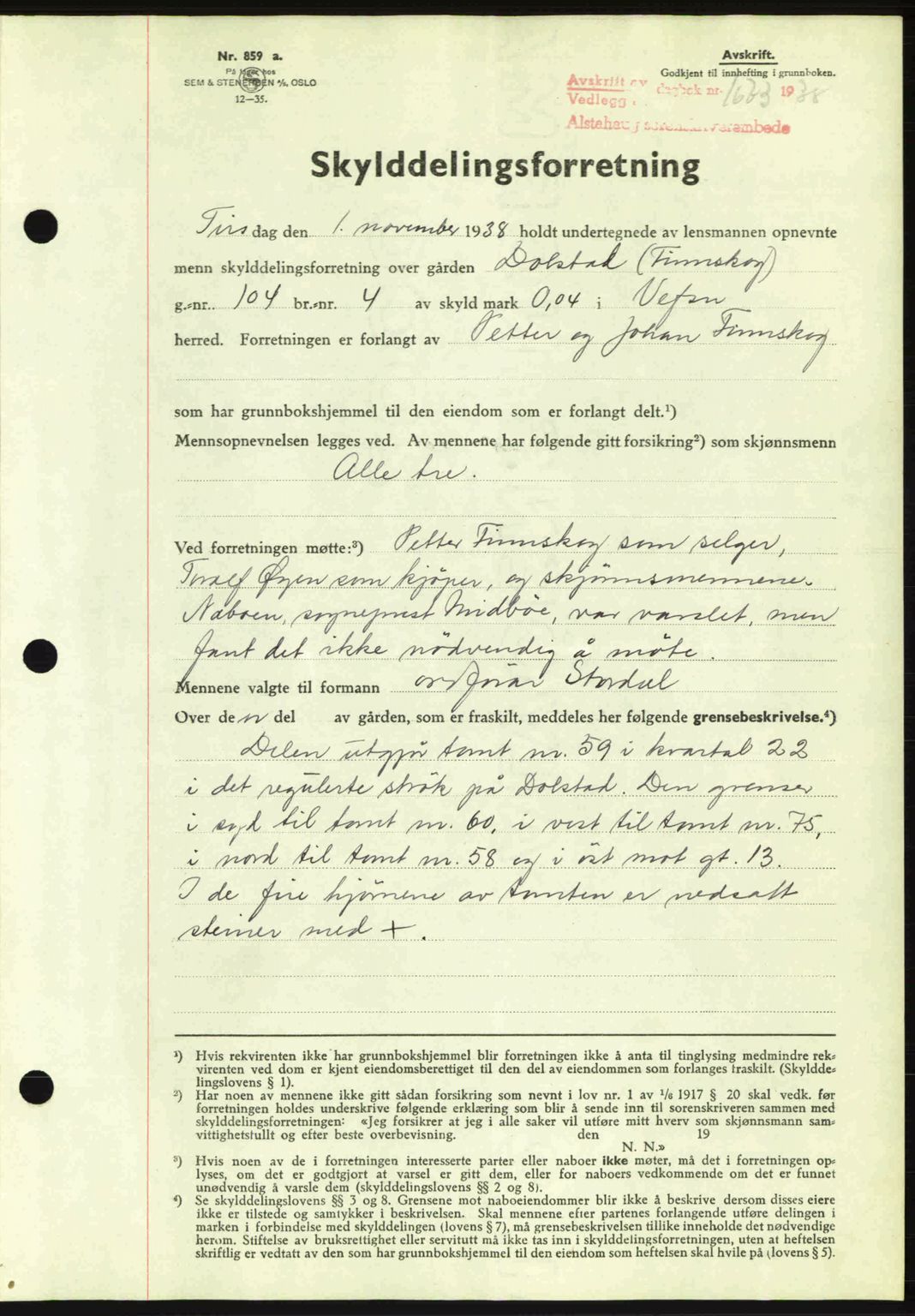 Alstahaug sorenskriveri, SAT/A-1009: Pantebok nr. A3, 1937-1938, Dagboknr: 1673/1938
