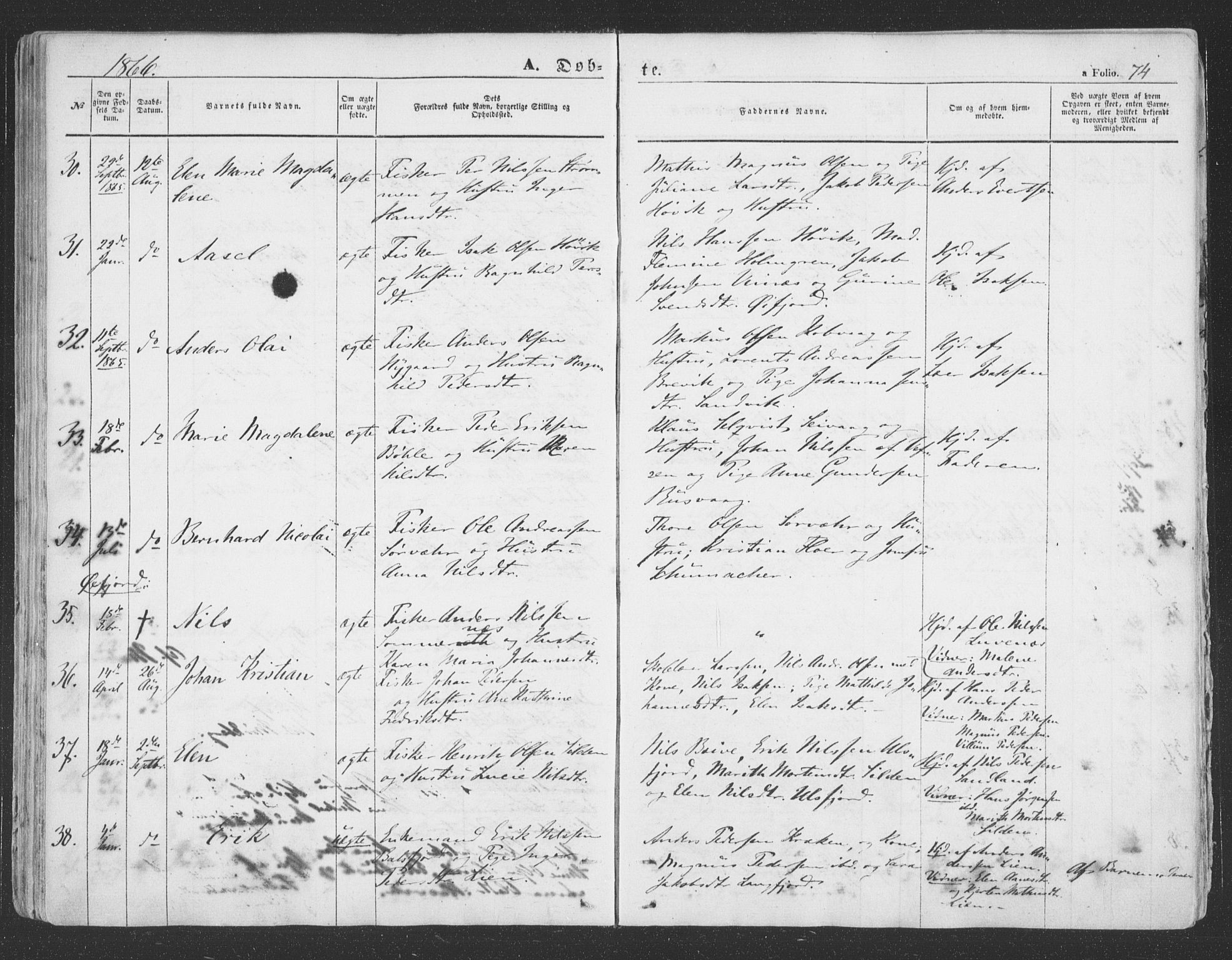 Loppa sokneprestkontor, AV/SATØ-S-1339/H/Ha/L0004kirke: Ministerialbok nr. 4, 1849-1868, s. 74