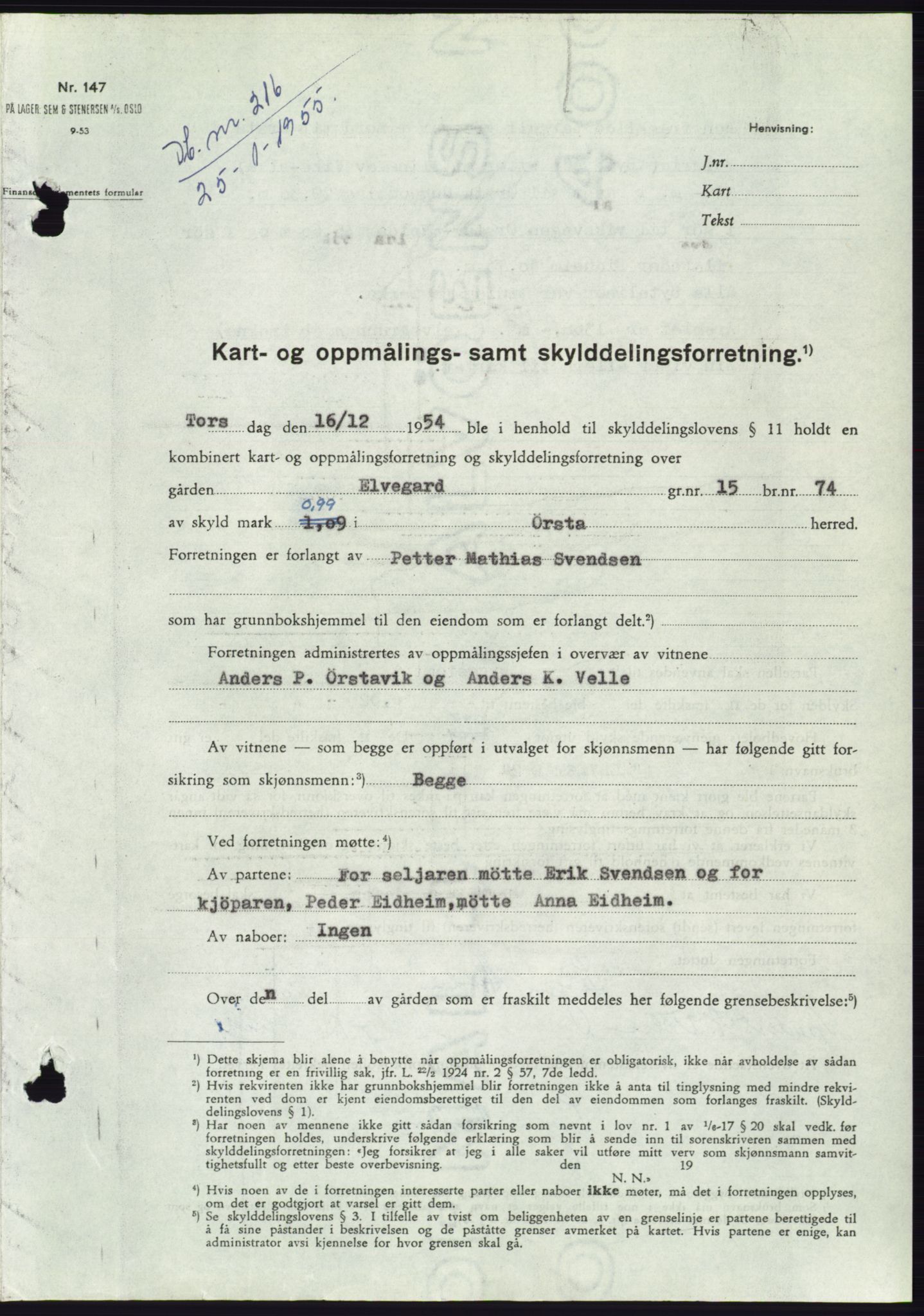 Søre Sunnmøre sorenskriveri, SAT/A-4122/1/2/2C/L0100: Pantebok nr. 26A, 1954-1955, Dagboknr: 216/1955
