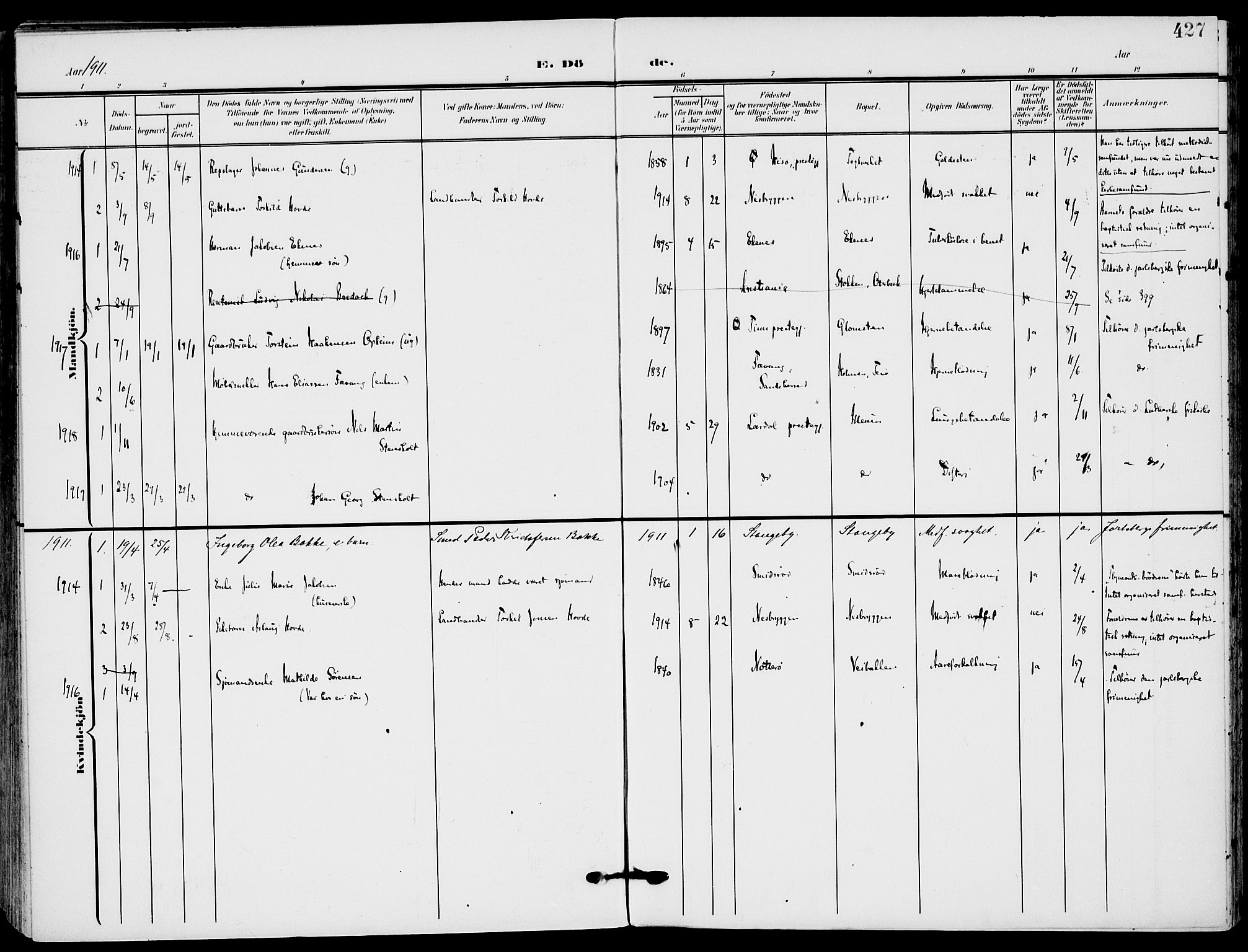 Nøtterøy kirkebøker, AV/SAKO-A-354/F/Fa/L0010: Ministerialbok nr. I 10, 1908-1919, s. 427
