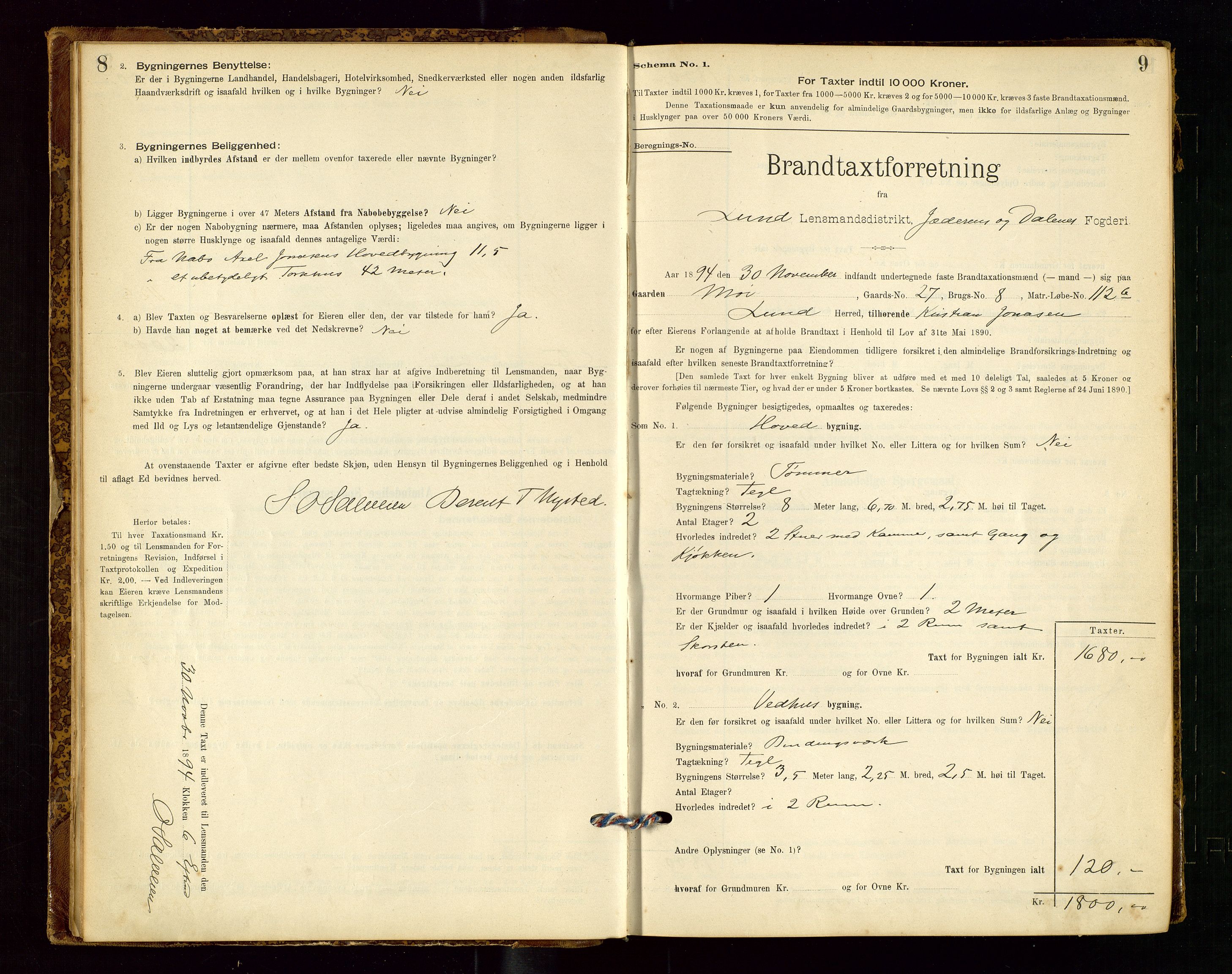 Lund lensmannskontor, AV/SAST-A-100303/Gob/L0001: "Brandtakstprotokol", 1894-1907, s. 8-9