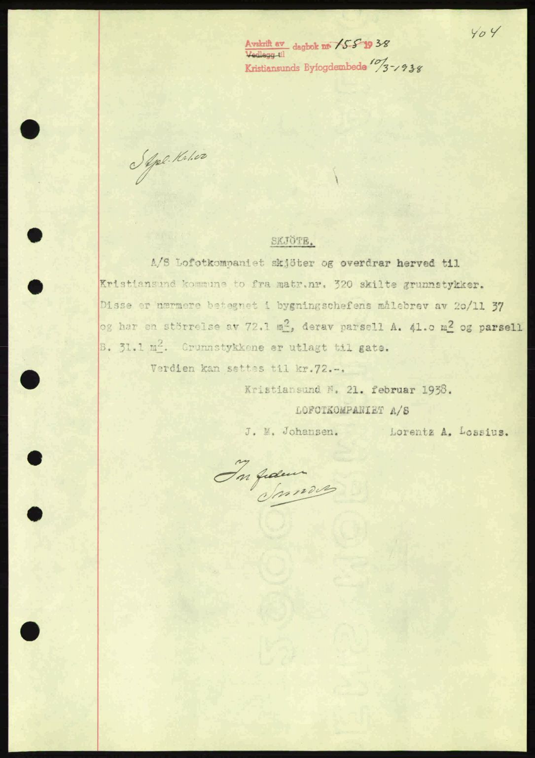 Kristiansund byfogd, AV/SAT-A-4587/A/27: Pantebok nr. 30, 1936-1941, Dagboknr: 155/1938