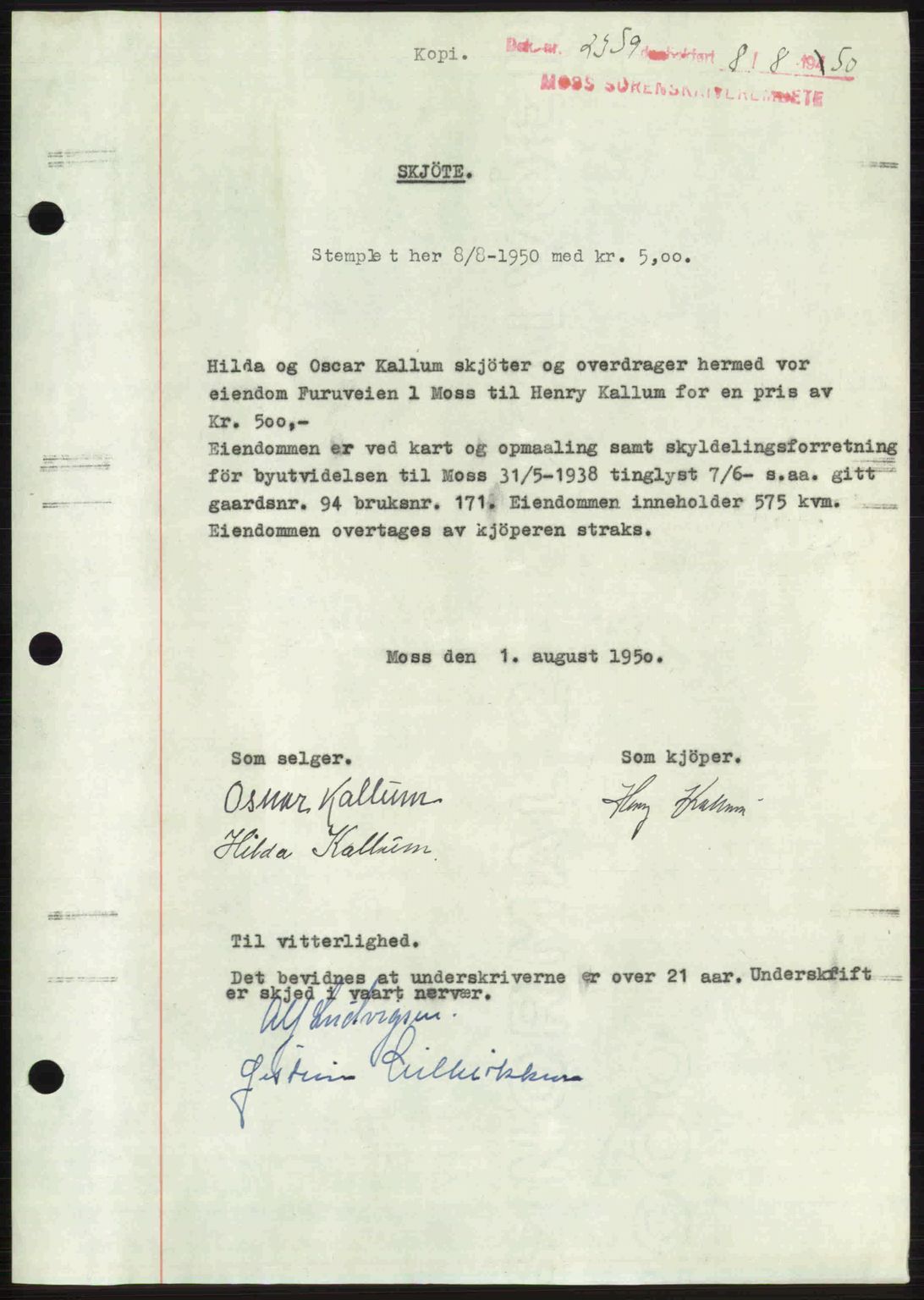 Moss sorenskriveri, SAO/A-10168: Pantebok nr. A26, 1950-1950, Dagboknr: 2359/1950