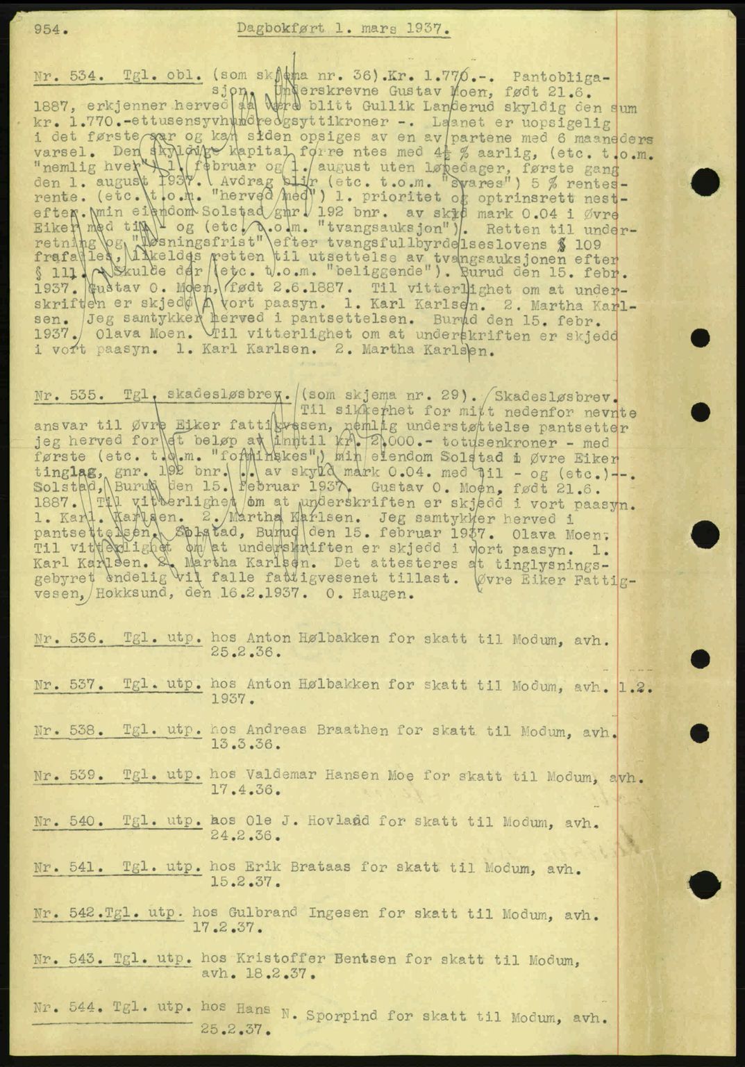 Eiker, Modum og Sigdal sorenskriveri, SAKO/A-123/G/Ga/Gab/L0034: Pantebok nr. A4, 1936-1937, Dagboknr: 534/1937