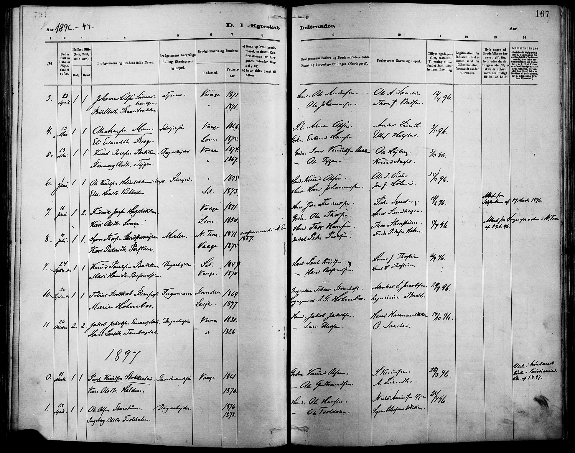 Vågå prestekontor, AV/SAH-PREST-076/H/Ha/Haa/L0009: Ministerialbok nr. 9, 1886-1904, s. 167