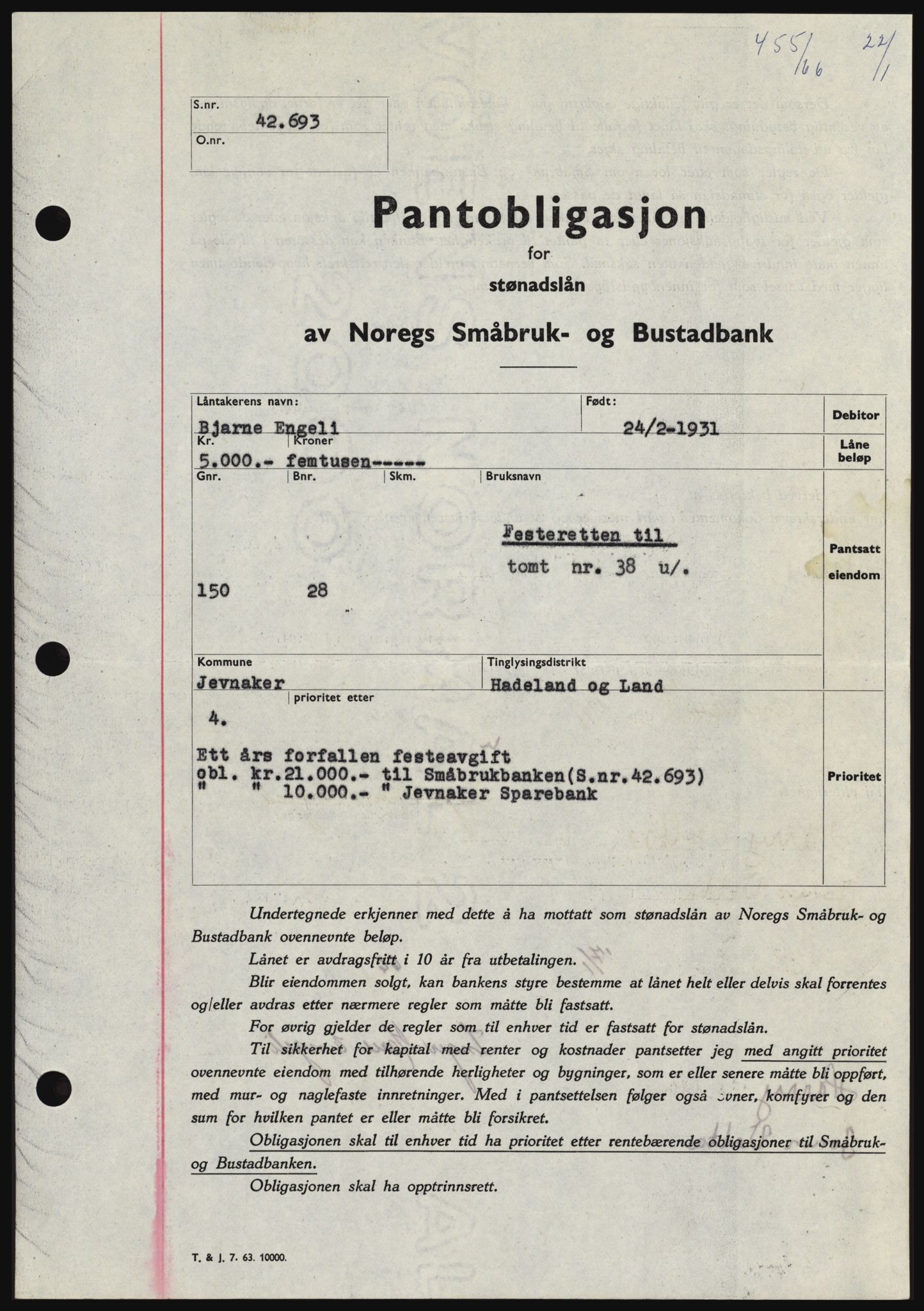 Hadeland og Land tingrett, SAH/TING-010/H/Hb/Hbc/L0061: Pantebok nr. B61, 1965-1966, Dagboknr: 455/1966