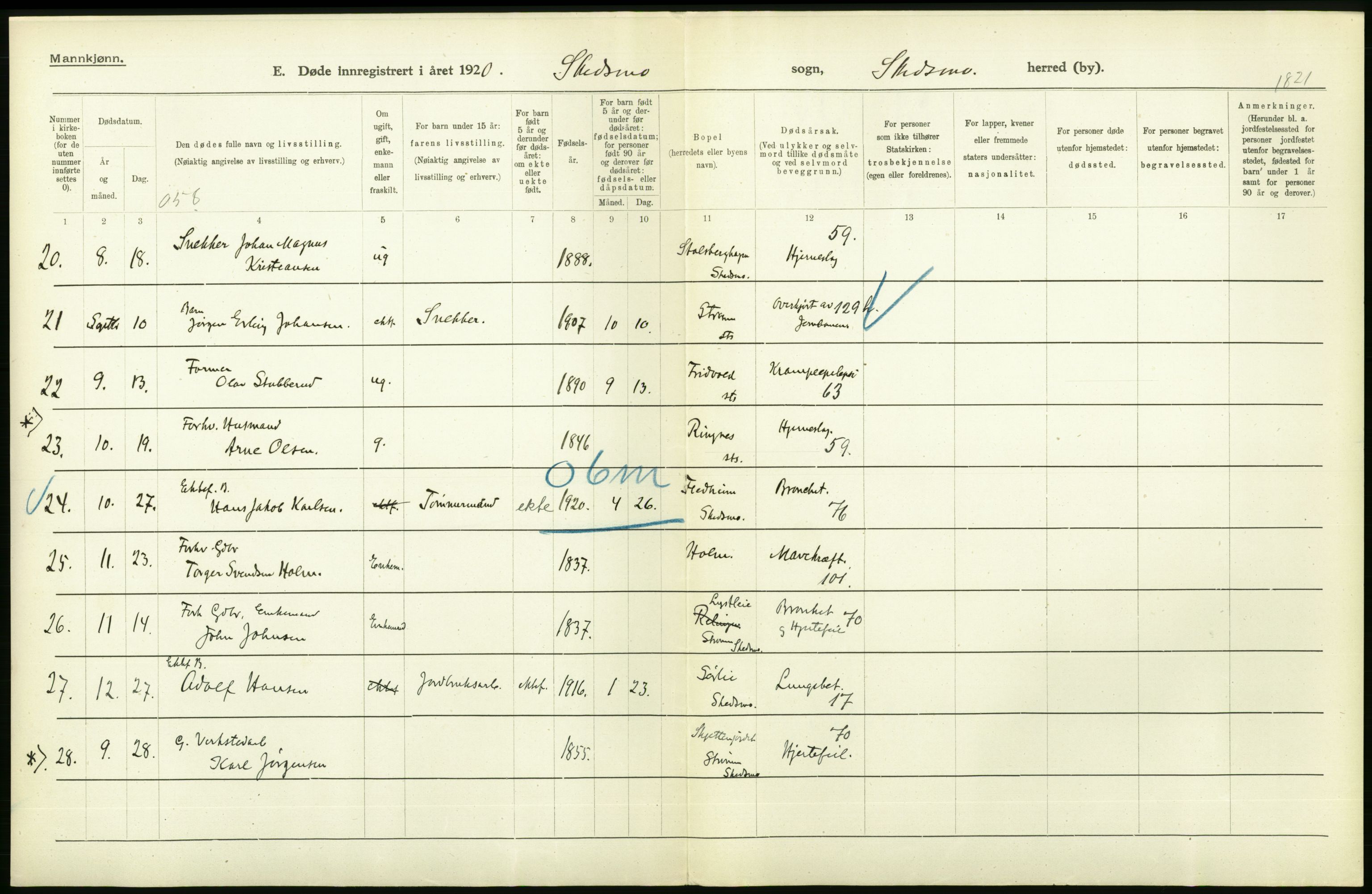 Statistisk sentralbyrå, Sosiodemografiske emner, Befolkning, RA/S-2228/D/Df/Dfb/Dfbj/L0007: Akershus fylke: Døde. Bygder og byer., 1920, s. 172