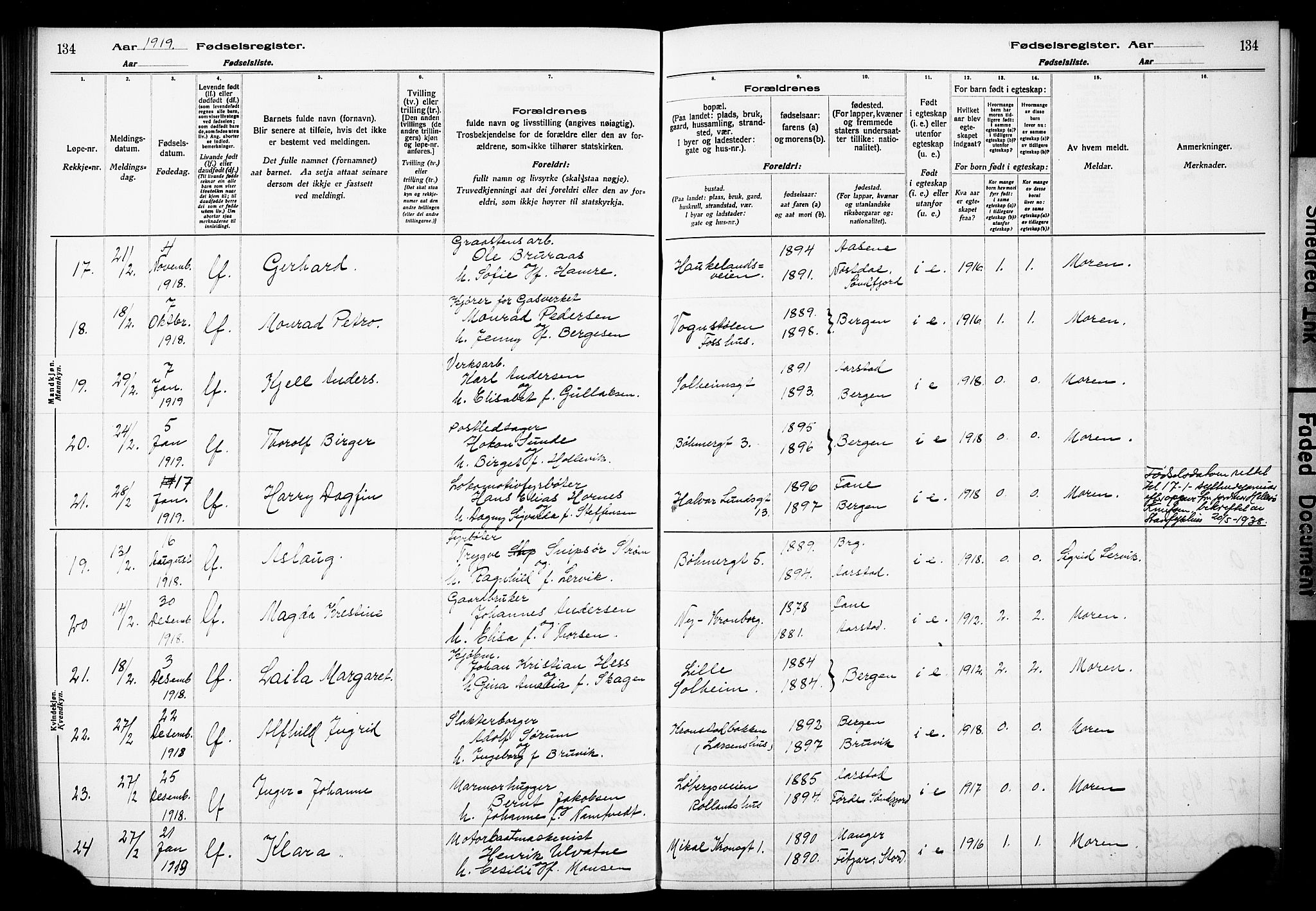 Årstad Sokneprestembete, AV/SAB-A-79301/I/Id/L0A01: Fødselsregister nr. A 1, 1916-1920, s. 134