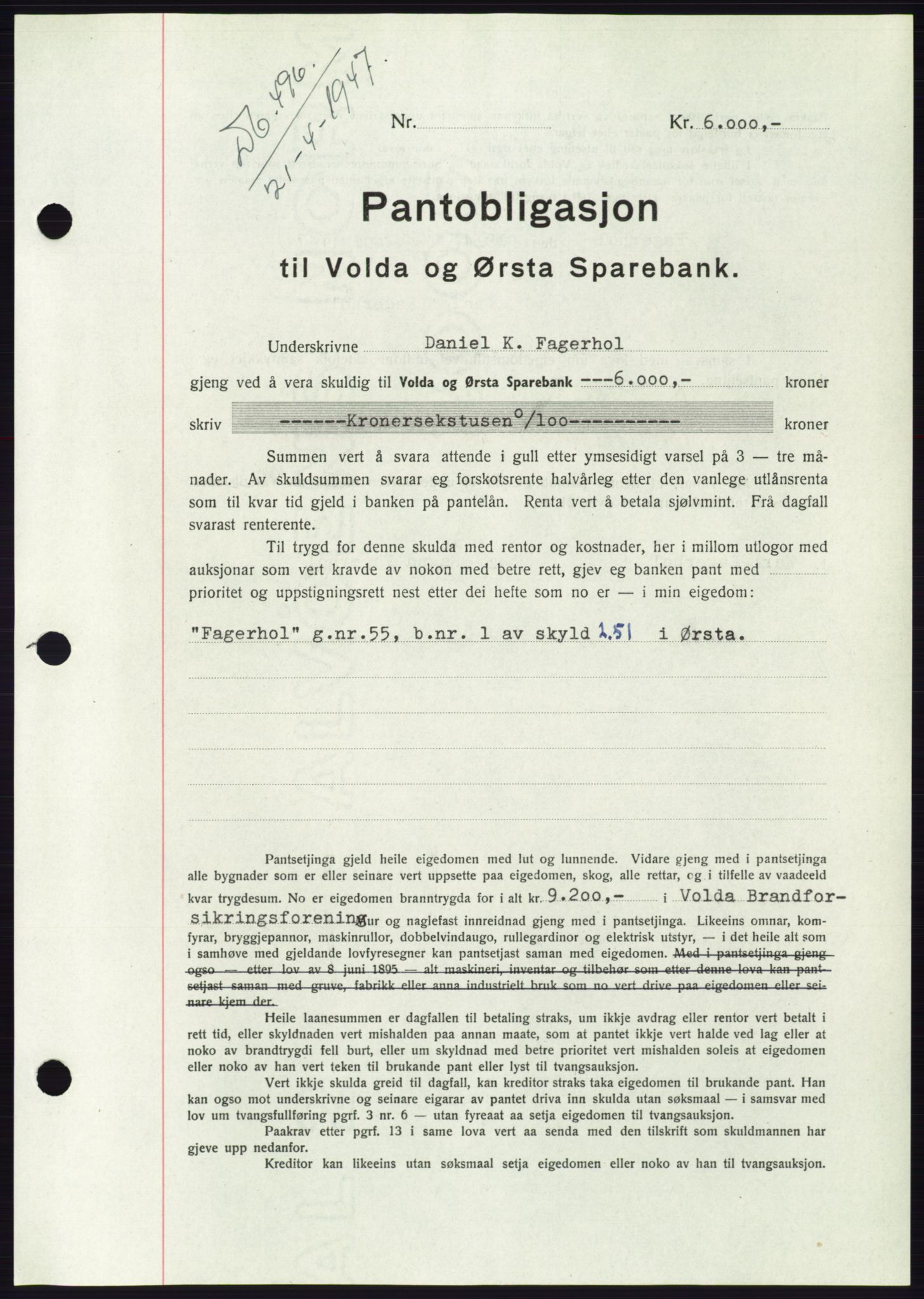 Søre Sunnmøre sorenskriveri, AV/SAT-A-4122/1/2/2C/L0114: Pantebok nr. 1-2B, 1943-1947, Dagboknr: 496/1947