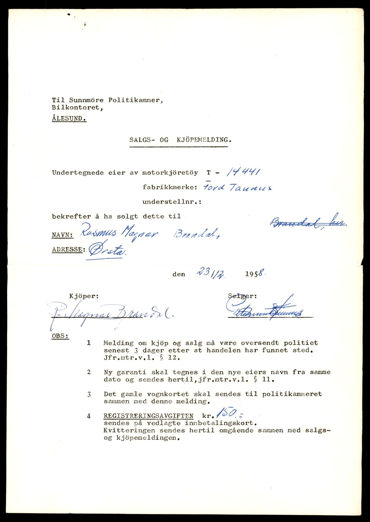 Møre og Romsdal vegkontor - Ålesund trafikkstasjon, AV/SAT-A-4099/F/Fe/L0045: Registreringskort for kjøretøy T 14320 - T 14444, 1927-1998, s. 3208