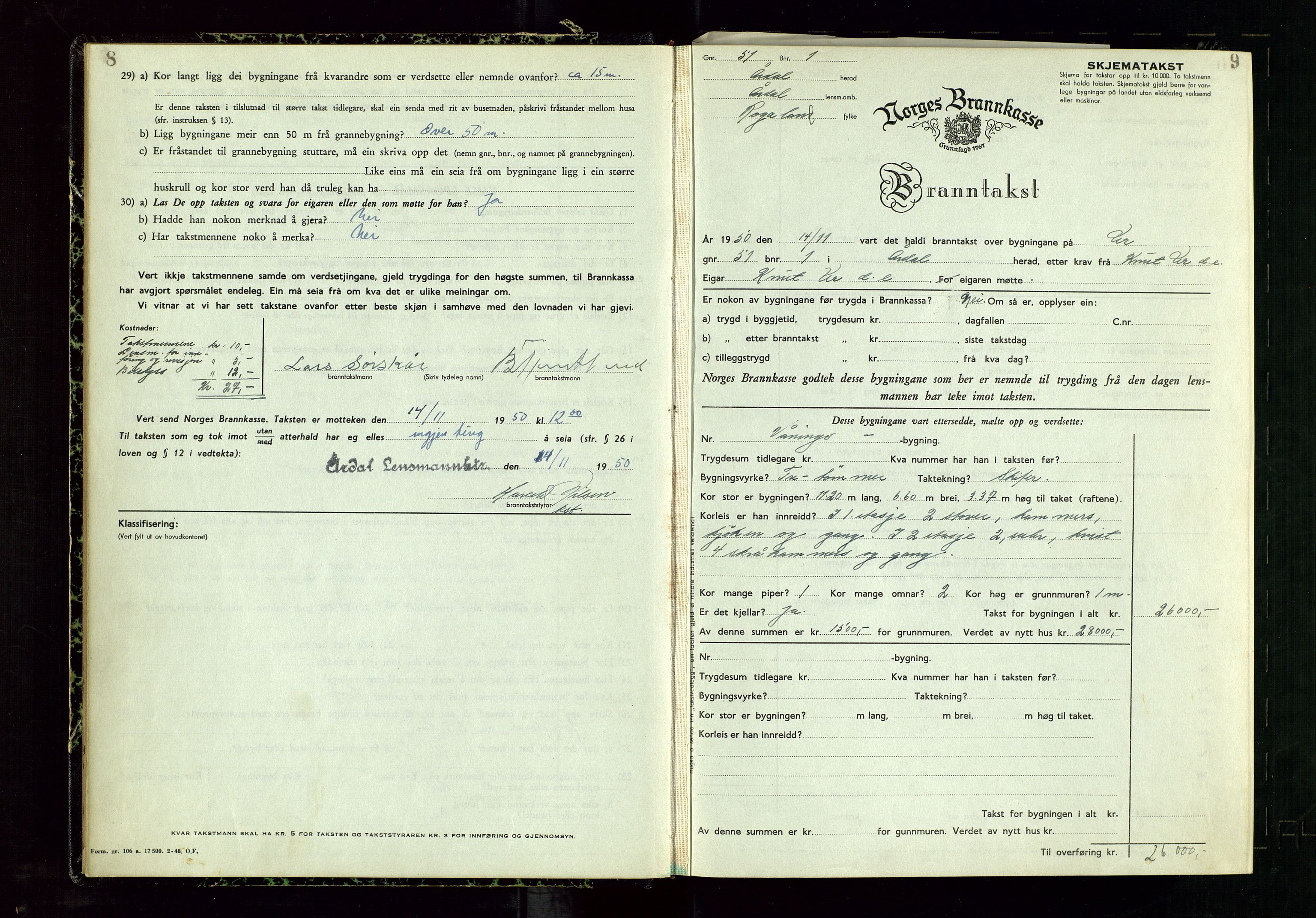 Årdal lensmannskontor, AV/SAST-A-100453/Gob/L0002: "Brandtaxationsprotokol", 1950-1955, s. 8-9