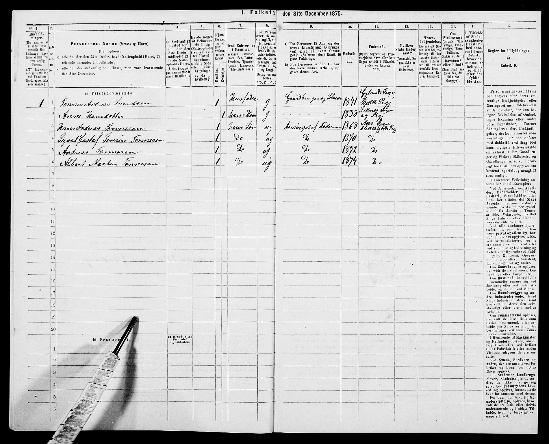 SAK, Folketelling 1875 for 1042L Flekkefjord prestegjeld, Nes sokn og Hidra sokn, 1875, s. 1224