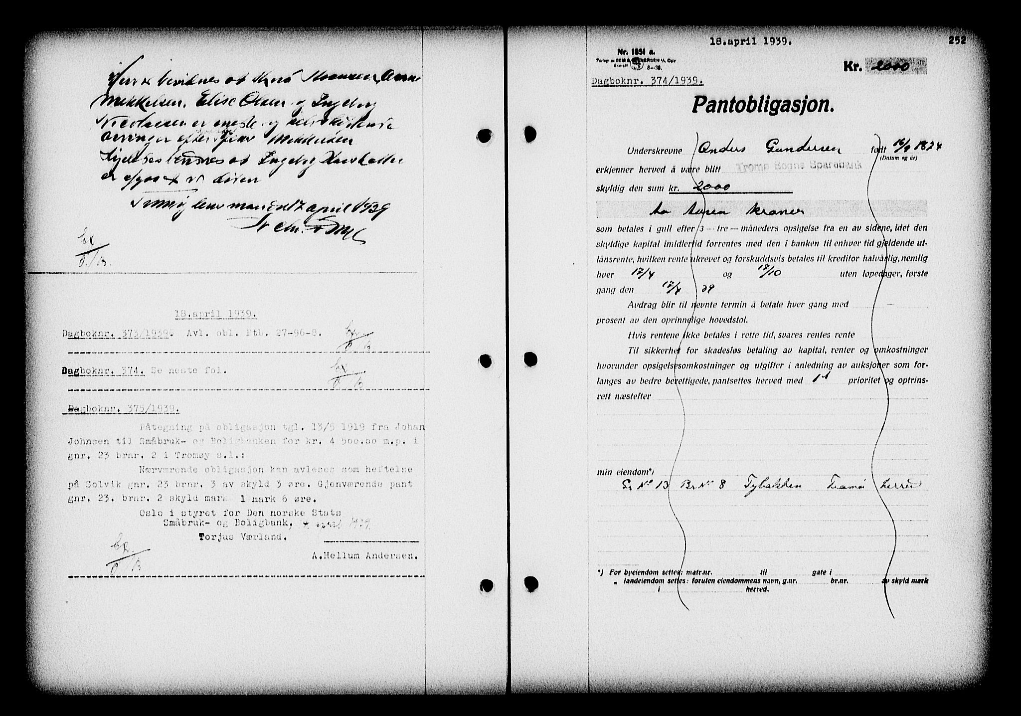 Nedenes sorenskriveri, SAK/1221-0006/G/Gb/Gba/L0046: Pantebok nr. 42, 1938-1939, Dagboknr: 374/1939