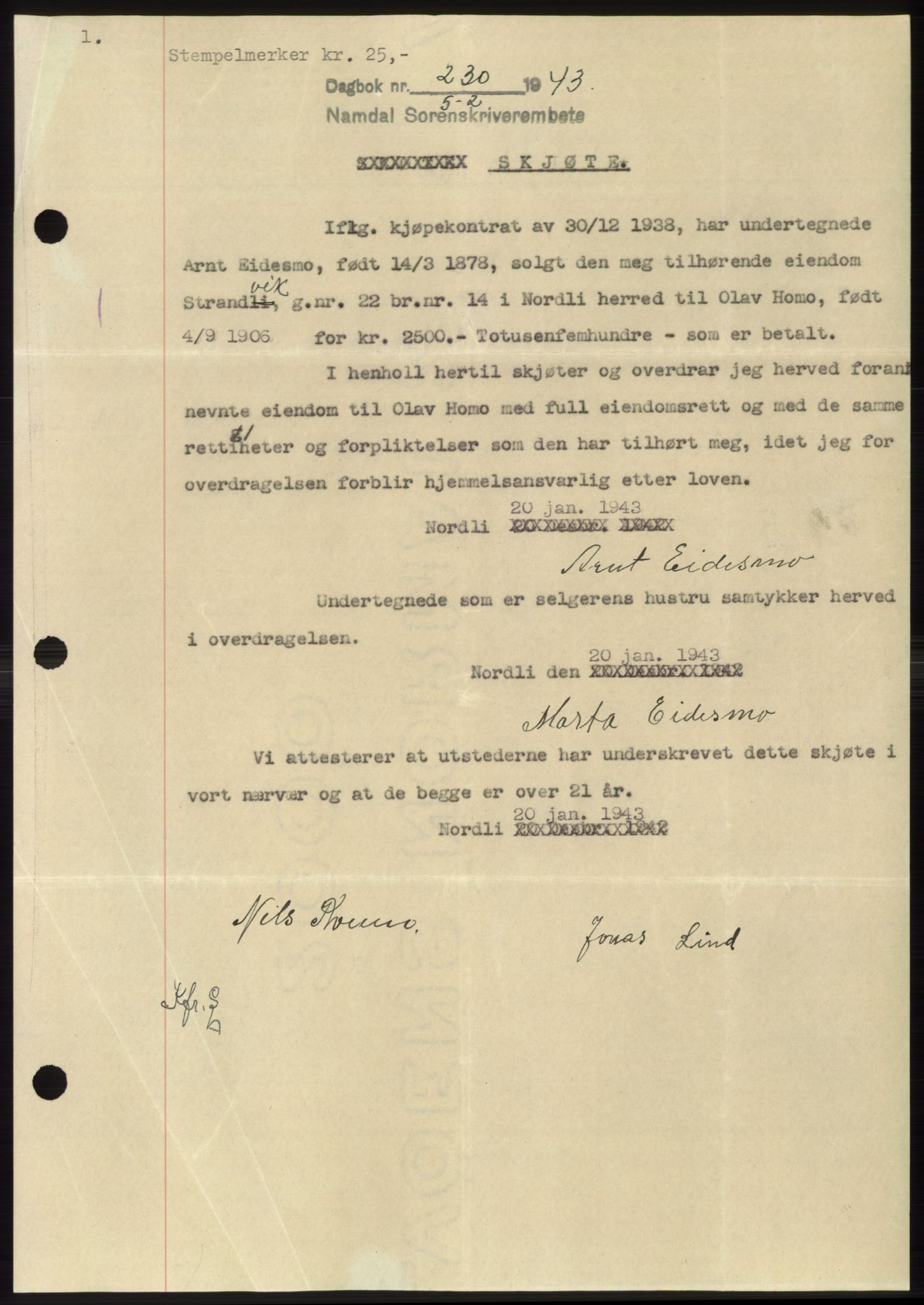 Namdal sorenskriveri, SAT/A-4133/1/2/2C: Pantebok nr. -, 1942-1943, Dagboknr: 230/1943
