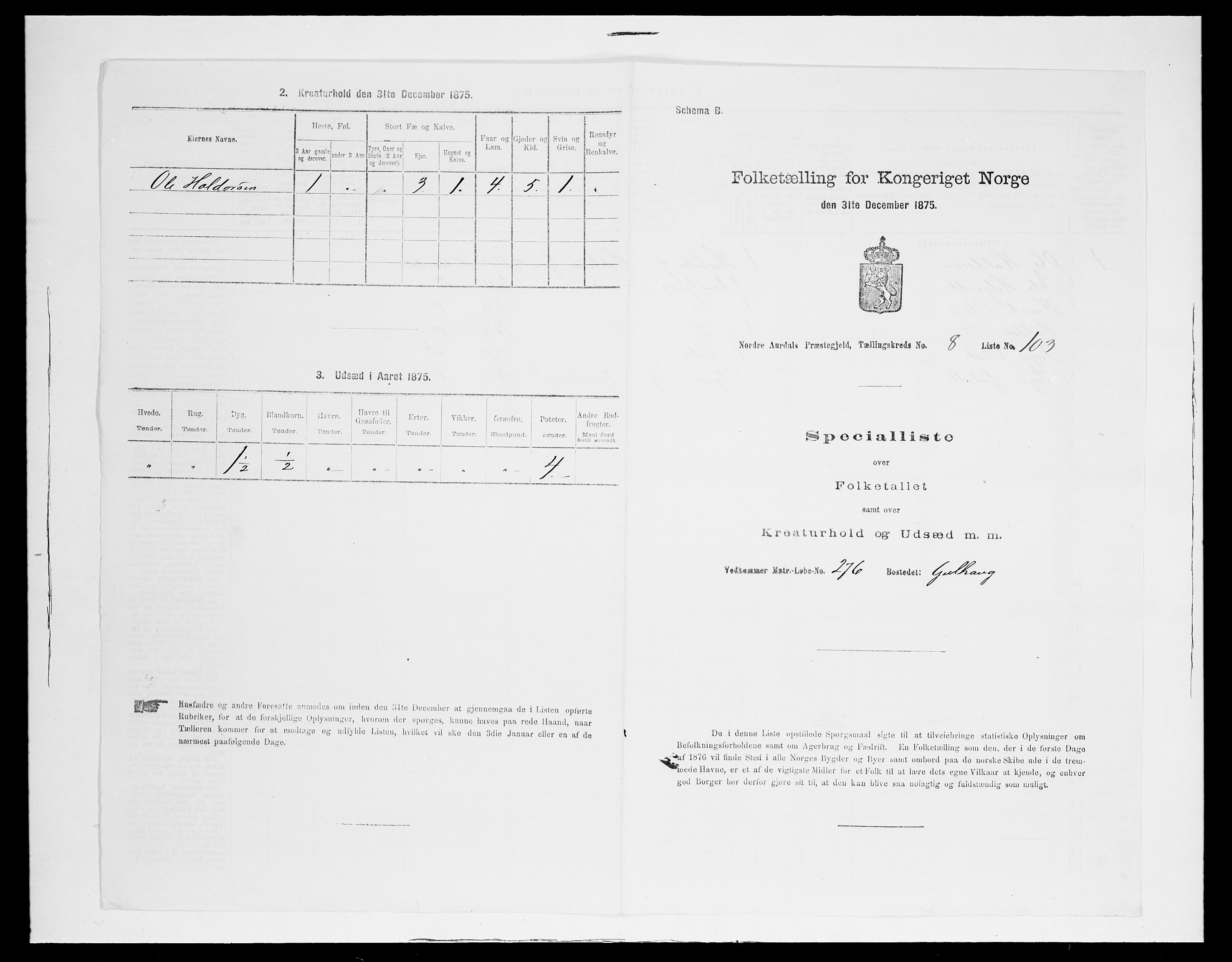 SAH, Folketelling 1875 for 0542P Nord-Aurdal prestegjeld, 1875, s. 1485